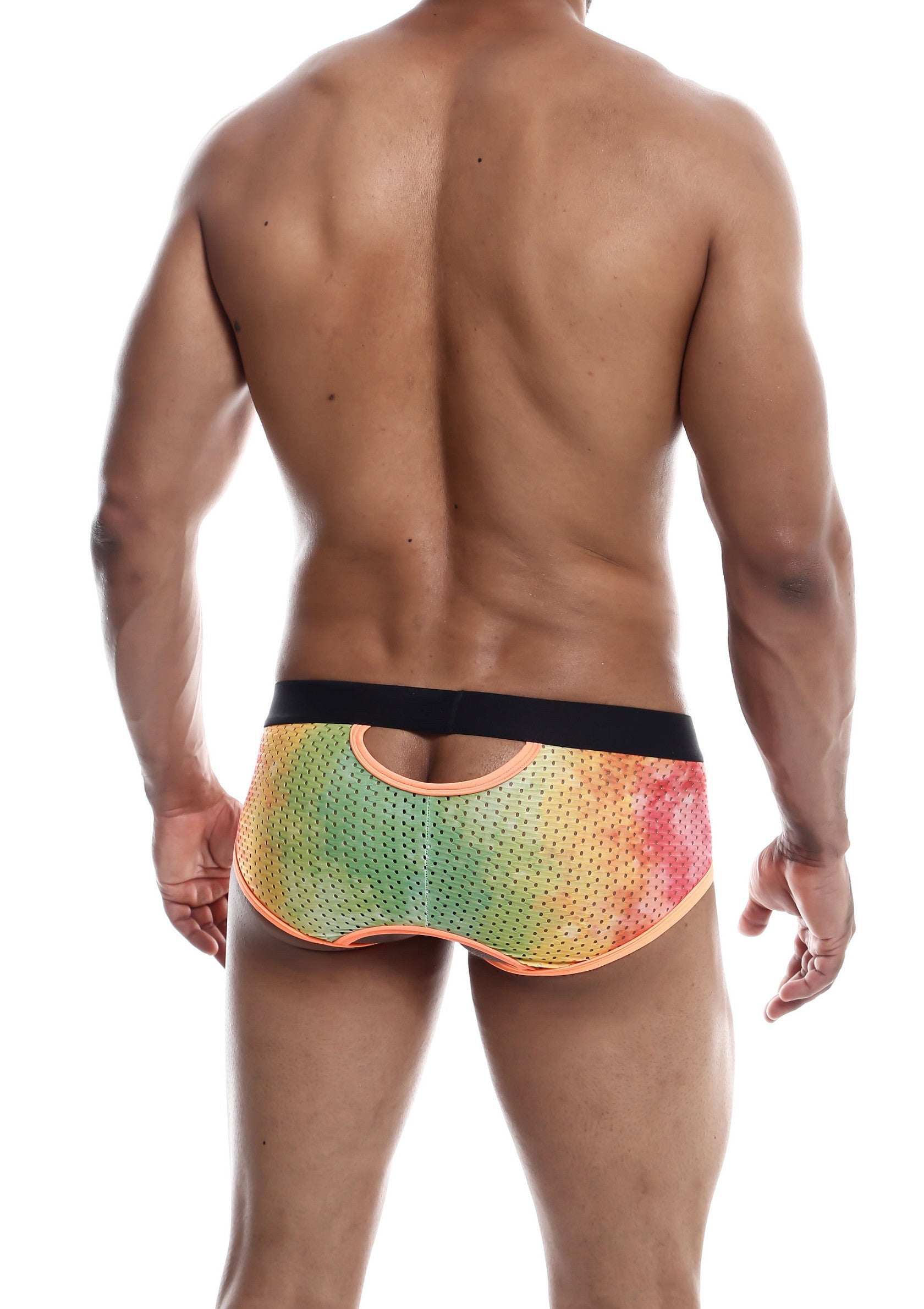 Slip pour homme à dos ouvert, coloré et sexy pour se sentir bien et séduire.; Kleurrijke, sexy open-back herenslip voor een goed gevoel en verleiding.; Colorful, sexy open-back men's brief for feeling good and seducing.