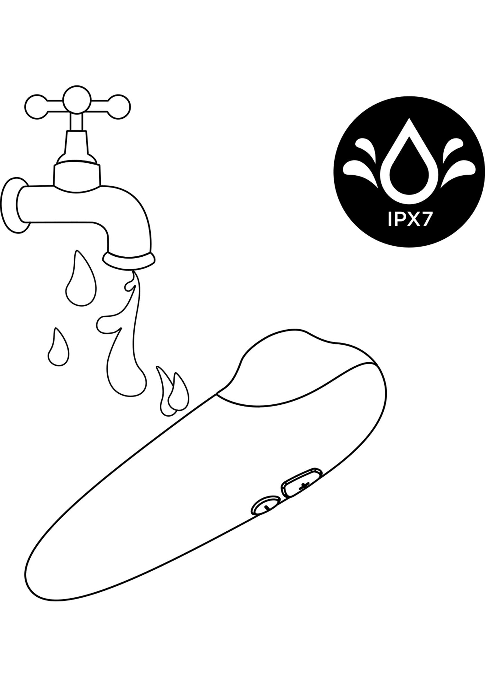Appareil étanche IPX7, utilisable sous l'eau. Robinet qui coule.; IPX7 waterdicht apparaat, geschikt voor gebruik onder water. Kraan met stromend water.; IPX7 waterproof device, suitable for underwater use. Water tap with running water.