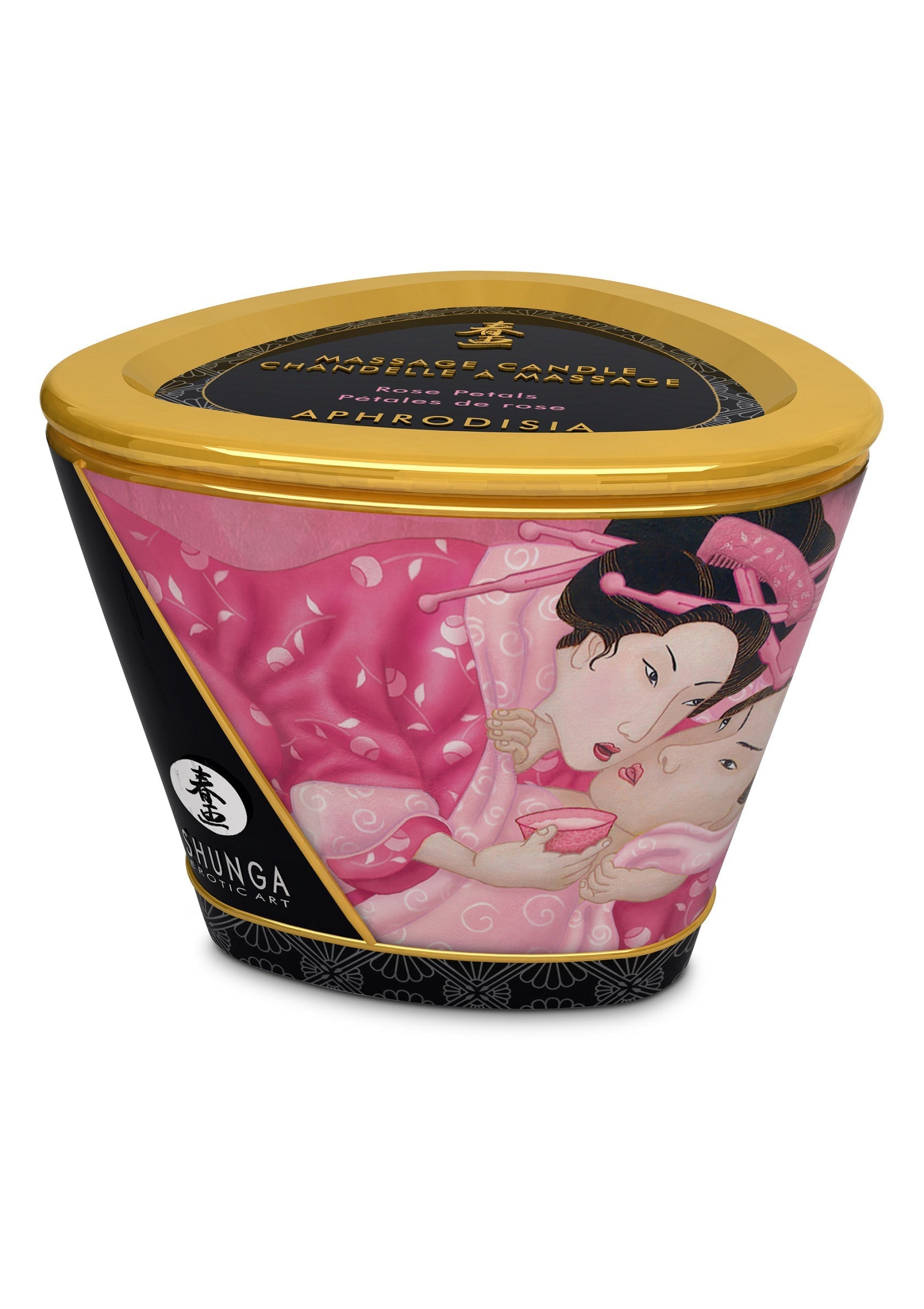 Bougie de massage Shunga Aphrodisia aux pétales de rose pour une ambiance sensuelle et relaxante.; Shunga Aphrodisia massagekaars met rozenblaadjes voor een sensuele en ontspannende sfeer.; Shunga Aphrodisia massage candle with rose petals for a sensual and relaxing atmosphere.