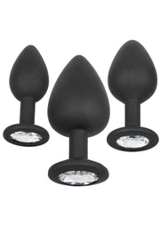 Ensemble de 3 plugs anaux noirs avec base en cristal. Plaisir et élégance assurés!; Set van 3 zwarte buttplugs met kristallen basis. Plezier en elegantie gegarandeerd!; Set of 3 black butt plugs with crystal base. Pleasure and elegance guaranteed!
