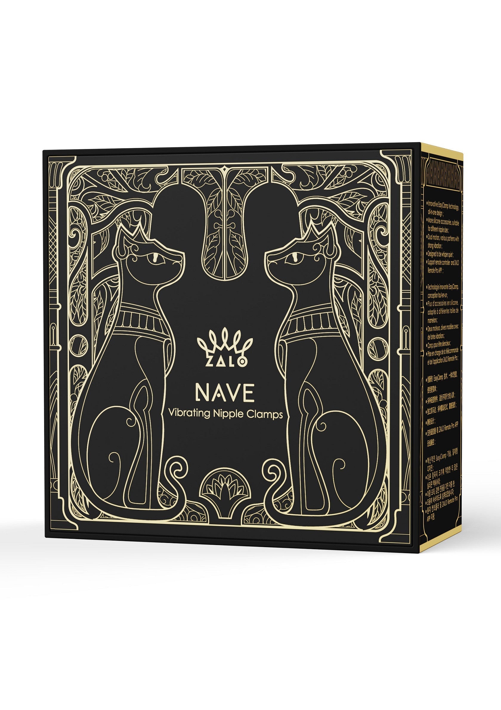 Pince-tétons vibrantes Zalo Nave. Jouet intime érotique de luxe. Coffret élégant avec illustration de chats égyptiens dorés.; Zalo Nave vibrerende tepelklemmen. Luxe erotisch intiem speeltje. Elegante doos met illustratie van gouden Egyptische katten.; Zalo Nave vibrating nipple clamps. Luxury erotic intimate toy. Elegant box with illustration of golden Egyptian cats.