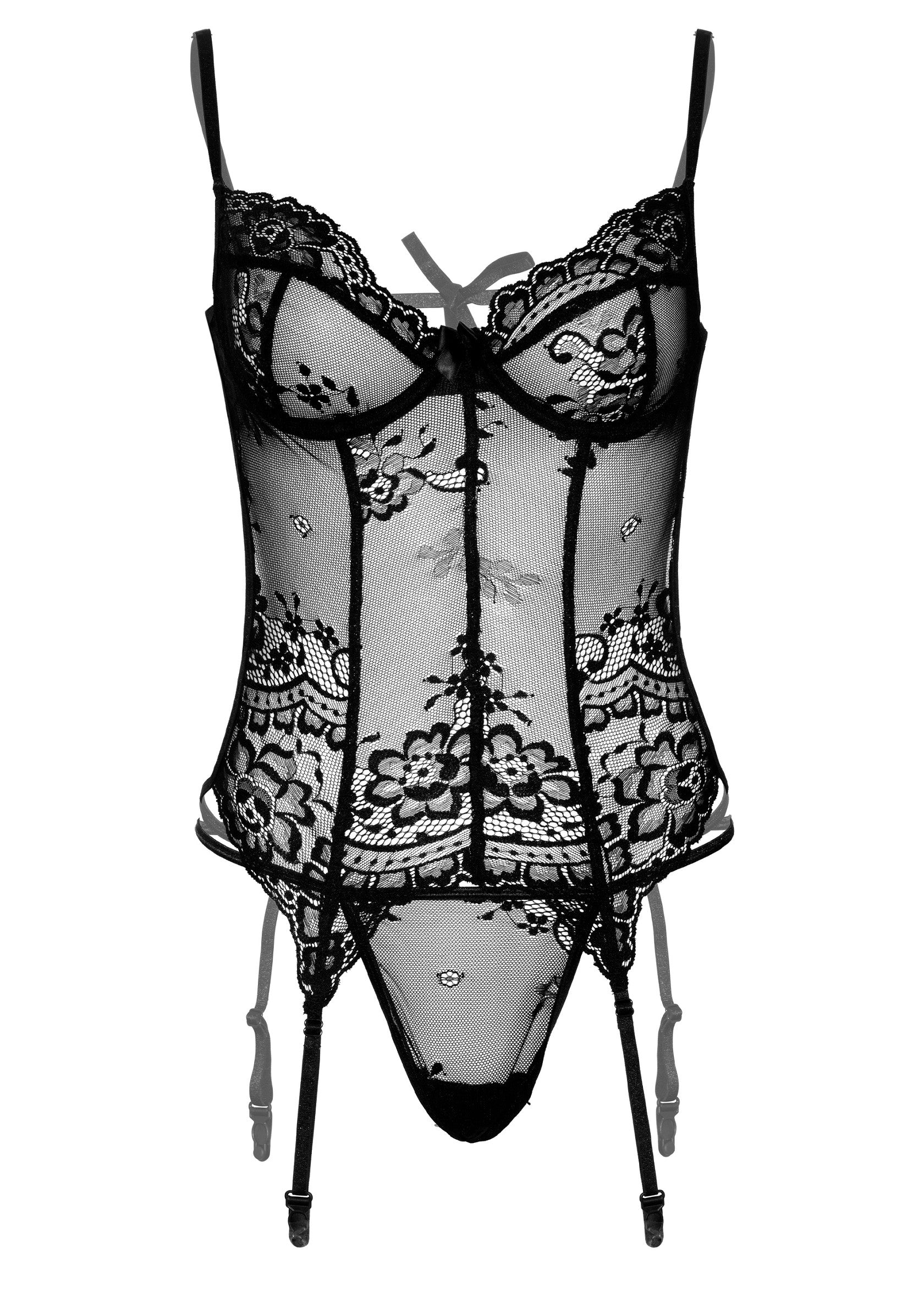 Nuisette corset en dentelle noire avec jarretelles pour une touche de sensualité.; Zwarte kanten korset nachthemd met jarretels voor een sensuele touch.; Black lace corset babydoll with garter straps for a sensual touch.