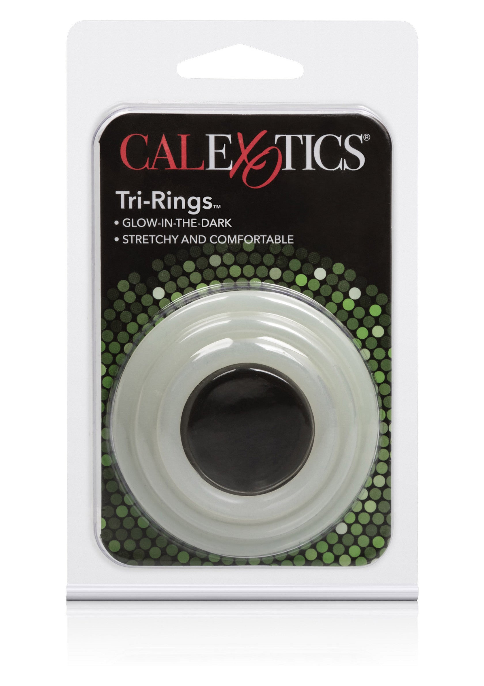 CalExotics Tri-Rings : anneaux péniens phosphorescents, extensibles et confortables.; CalExotics Tri-Rings: glow-in-the-dark, rekbare en comfortabele penisringen.; CalExotics Tri-Rings: glow-in-the-dark, stretchy and comfortable cock rings.