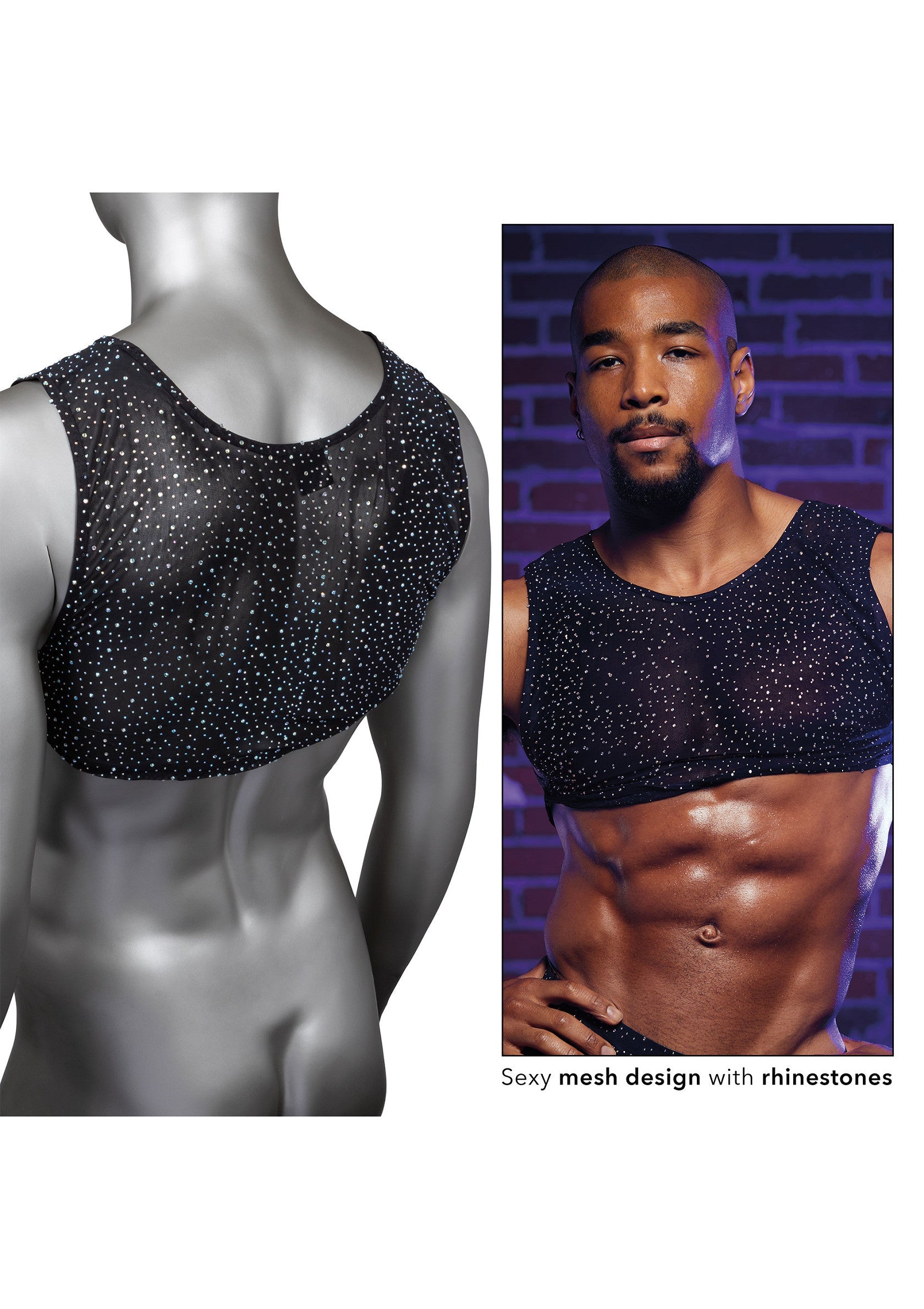Débardeur sexy en maille noire avec strass. Design unique et audacieux pour une allure irrésistible. Parfait pour les occasions spéciales.; Sexy zwarte mesh tanktop met strass steentjes. Uniek en gewaagd design voor een onweerstaanbare look. Perfect voor speciale gelegenheden.; Sexy black mesh tank top with rhinestones. Unique and daring design for an irresistible look. Perfect for special occasions.