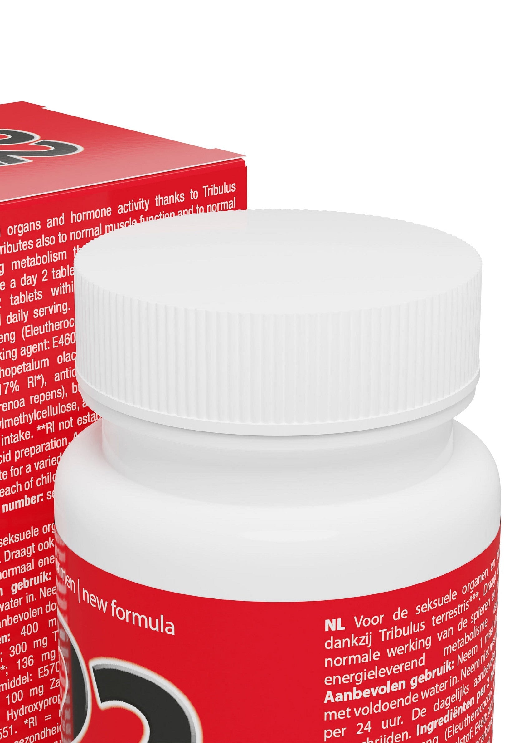 Pot de complément alimentaire rouge et blanc, nouvelle formule. Pour le sport et le bien-être.; Rode en witte pot voedingssupplement, nieuwe formule. Voor sport en welzijn.; Red and white supplement bottle, new formula. For sports and well-being.