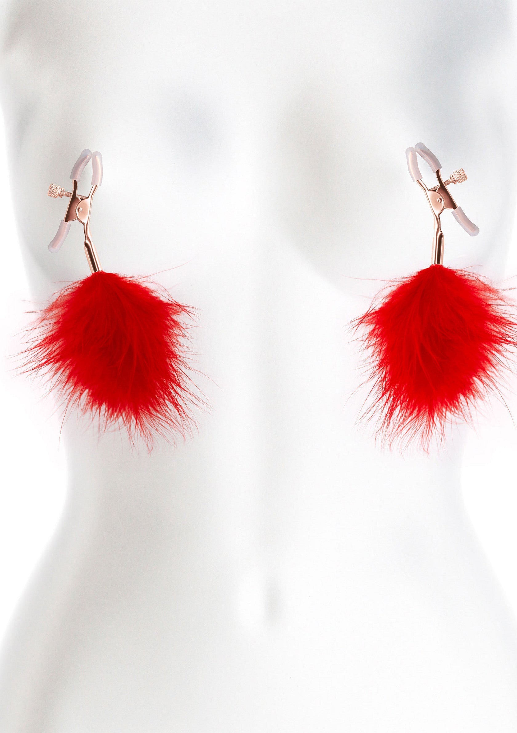 Pinces à tétons avec pompons en plumes rouges pour pimenter votre vie amoureuse !; Tepelklemmen met rode veren pompons om je liefdesleven wat pit te geven!; Nipple clamps with red feather pom poms to spice up your love life!
