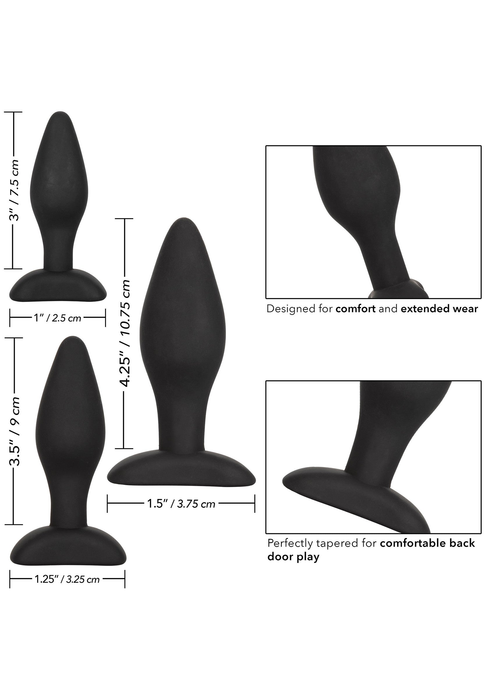 Différentes tailles de plugs anaux noirs, confortables pour une utilisation prolongée.; Zwarte buttplugs in verschillende maten, comfortabel en geschikt voor langdurig gebruik.; Black butt plugs in various sizes, designed for comfortable and extended wear.