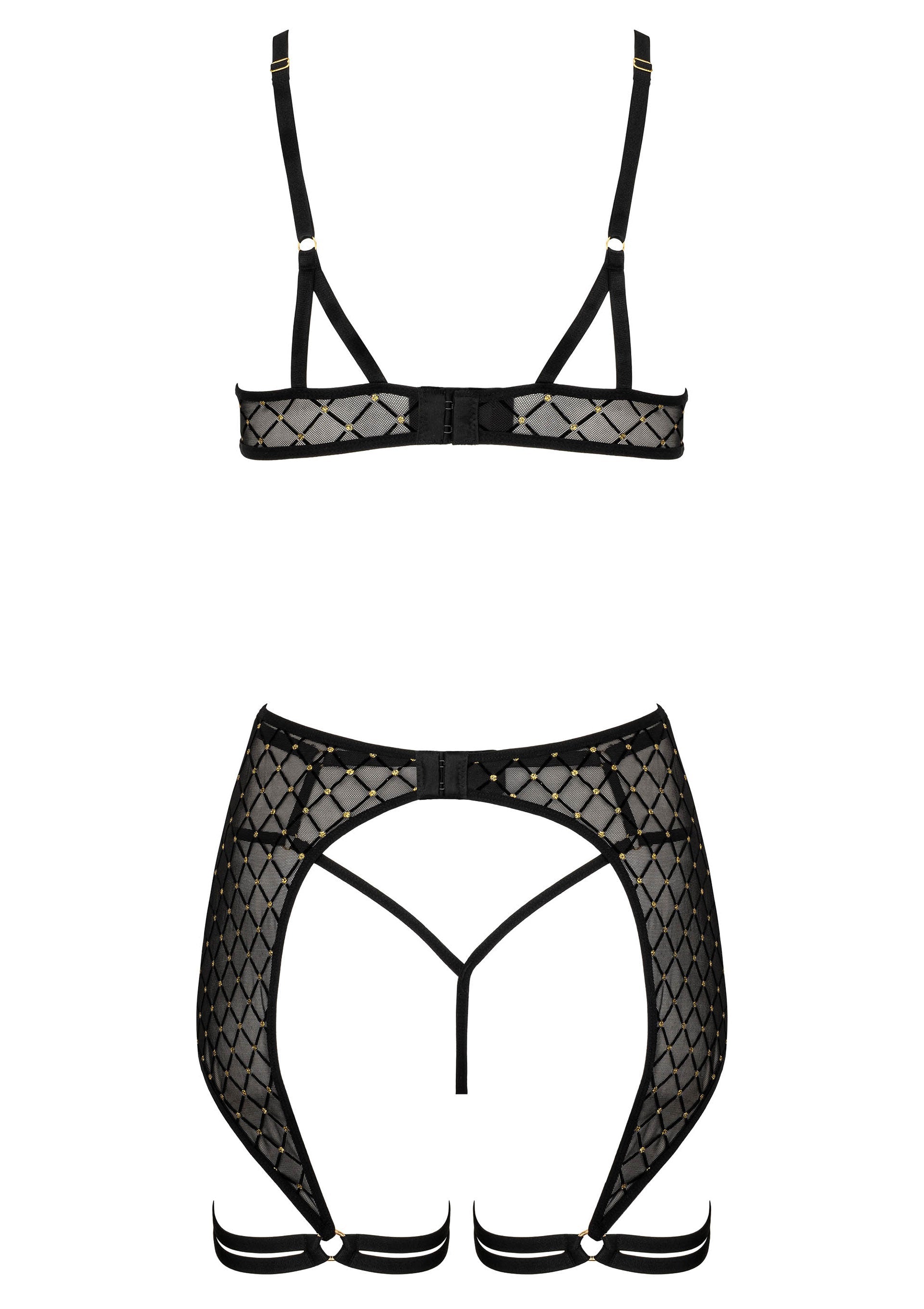 Ensemble de lingerie noir et or avec soutien-gorge et porte-jarretelles pour une allure séduisante.; Zwart en gouden lingerie set met beha en jarretelgordel voor een verleidelijke look.; Black & gold lingerie set featuring a bra & suspender belt for a seductive look.