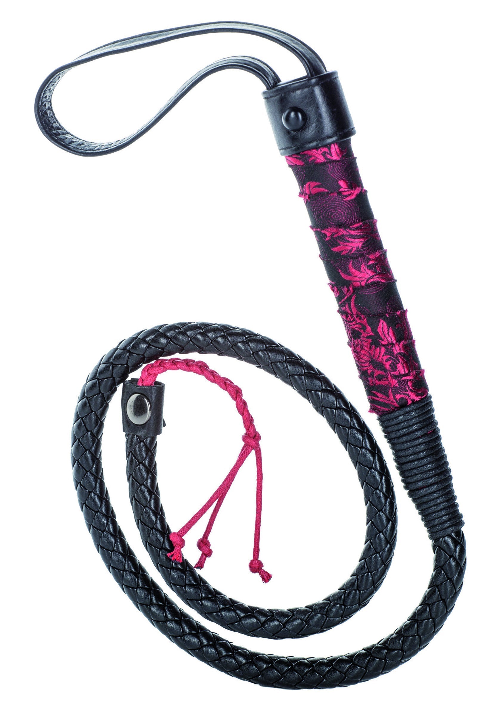 Cravache en cuir tressé noir avec détails roses pour le jeu de rôle et le BDSM.; Zwarte leren zweep met roze details voor rollenspel en BDSM.; Black braided leather whip with pink accents for roleplay and BDSM.