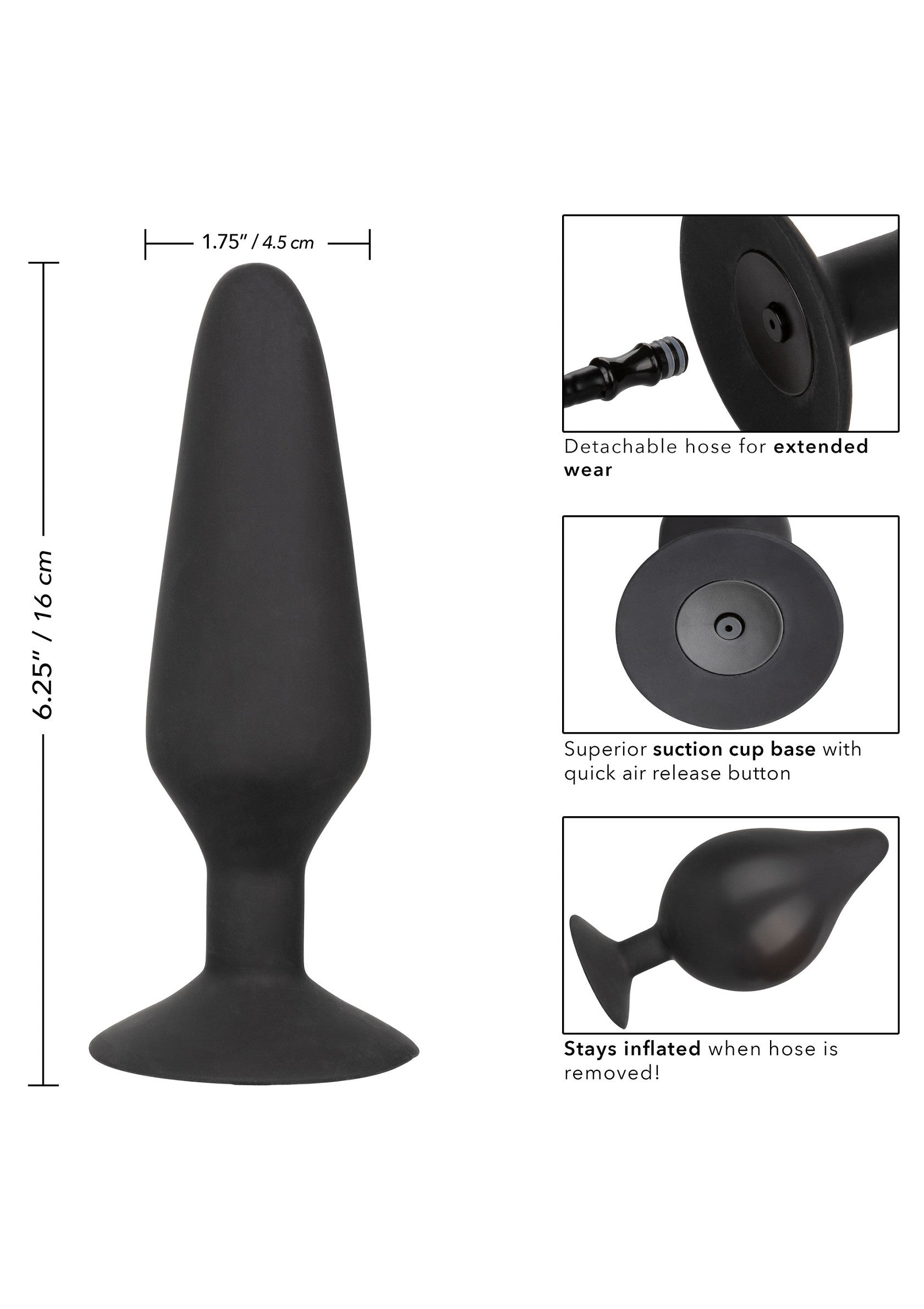 Plug anal noir avec base à ventouse et gonflable. Tuyau détachable pour une utilisation prolongée.; Zwarte anale plug met zuignapvoet en opblaasbaar. Afneembare slang voor langdurig gebruik.; Black anal plug with suction cup base and inflatable. Detachable hose for extended wear.