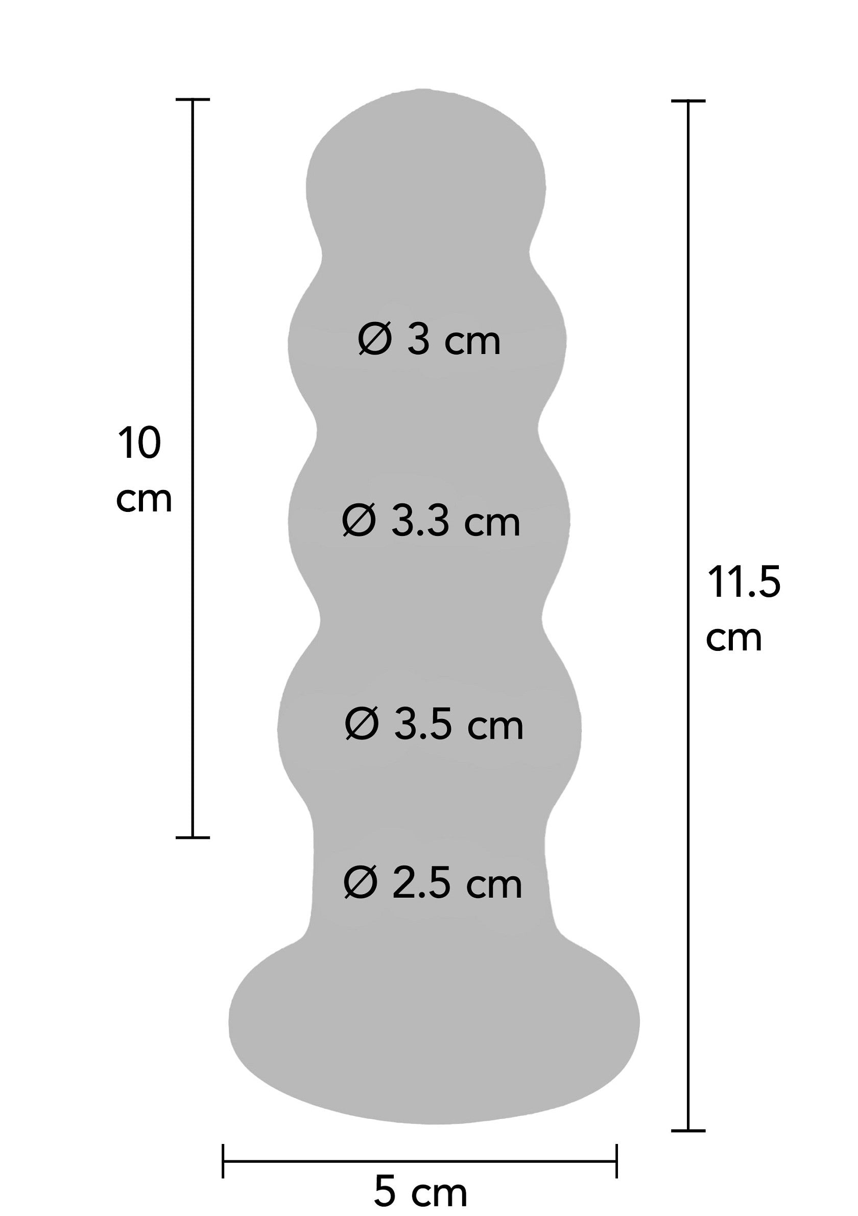 Diagramme des dimensions d'un plug anal à billes. Infos taille précises pour un plaisir mesuré.; Maatdiagram van een anale butt plug met ballen. Precieze maatinformatie voor gemeten plezier.; Dimension diagram of a beaded butt plug. Precise size info for measured pleasure.