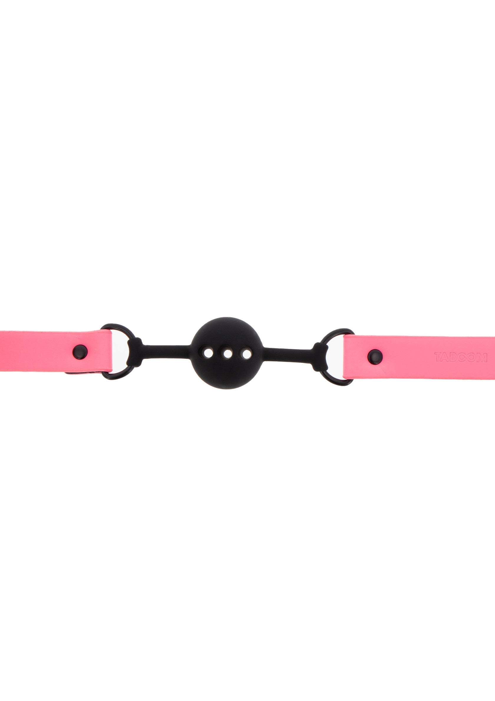 Bâillon rose avec une boule noire. Accessoire de jeu pour adultes.; Roze gag met zwarte bal. Volwassen speelgoedaccessoire.; Pink gag with a black ball. Adult play accessory.
