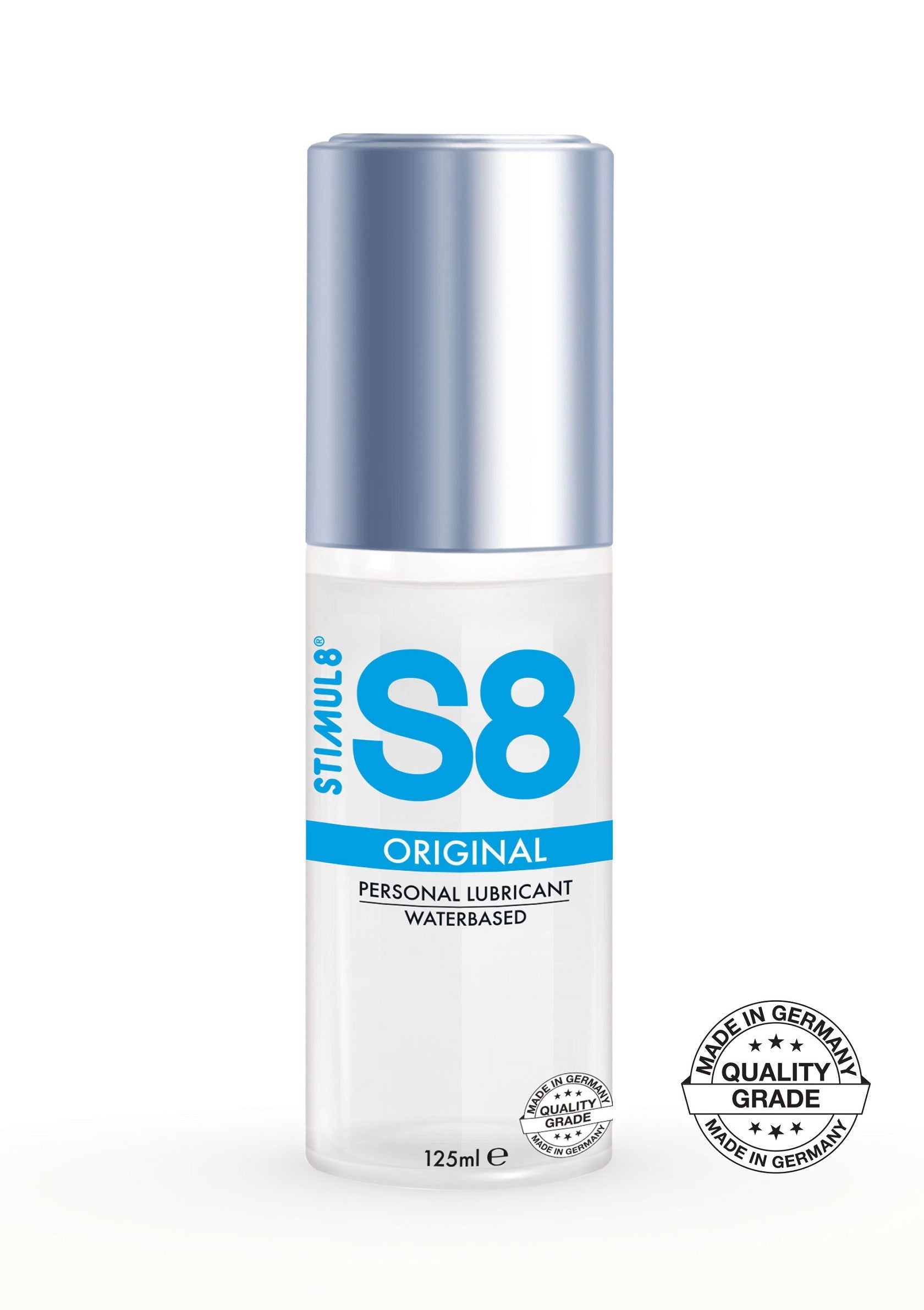 S8 Original Lubrifiant Personnel à Base d'Eau. Qualité allemande.; S8 Original Persoonlijk Glijmiddel op Waterbasis. Duitse kwaliteit.; S8 Original Waterbased Personal Lubricant. Quality grade made in Germany.