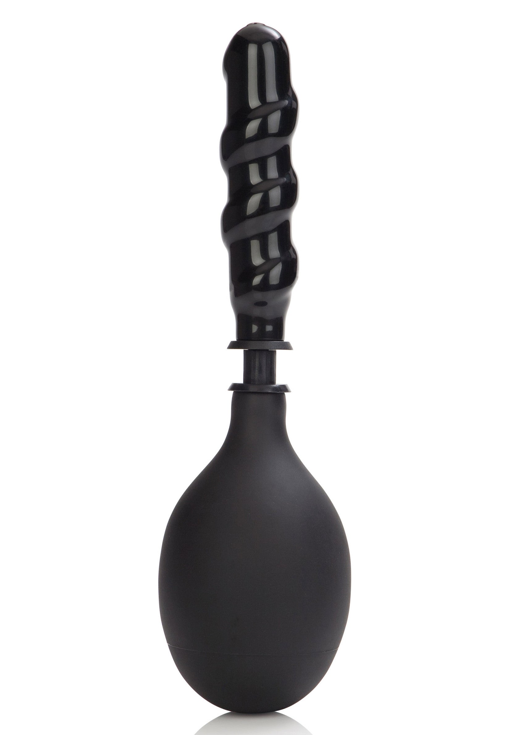 Poire à lavement noire avec embout torsadé pour une hygiène intime en douceur et efficace.; Zwarte klysma-peer met gedraaide tip voor zachte en effectieve intieme hygiëne.; Black enema bulb with a twisted tip for gentle and effective intimate hygiene.