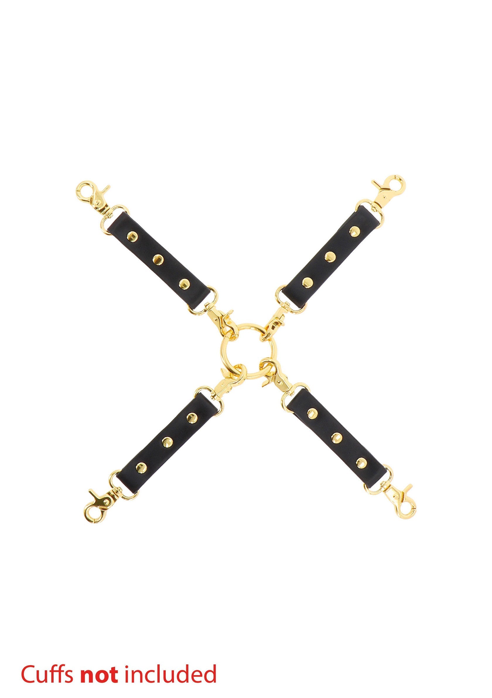 Croix de suspension en cuir noir avec attaches dorées. Accessoire de bondage pour poignets et chevilles.; Zwarte lederen spreidkruis met gouden sluitingen. Bondage accessoire voor polsen en enkels.; Black leather spreader bar with gold attachments. Bondage accessory for wrists and ankles. 