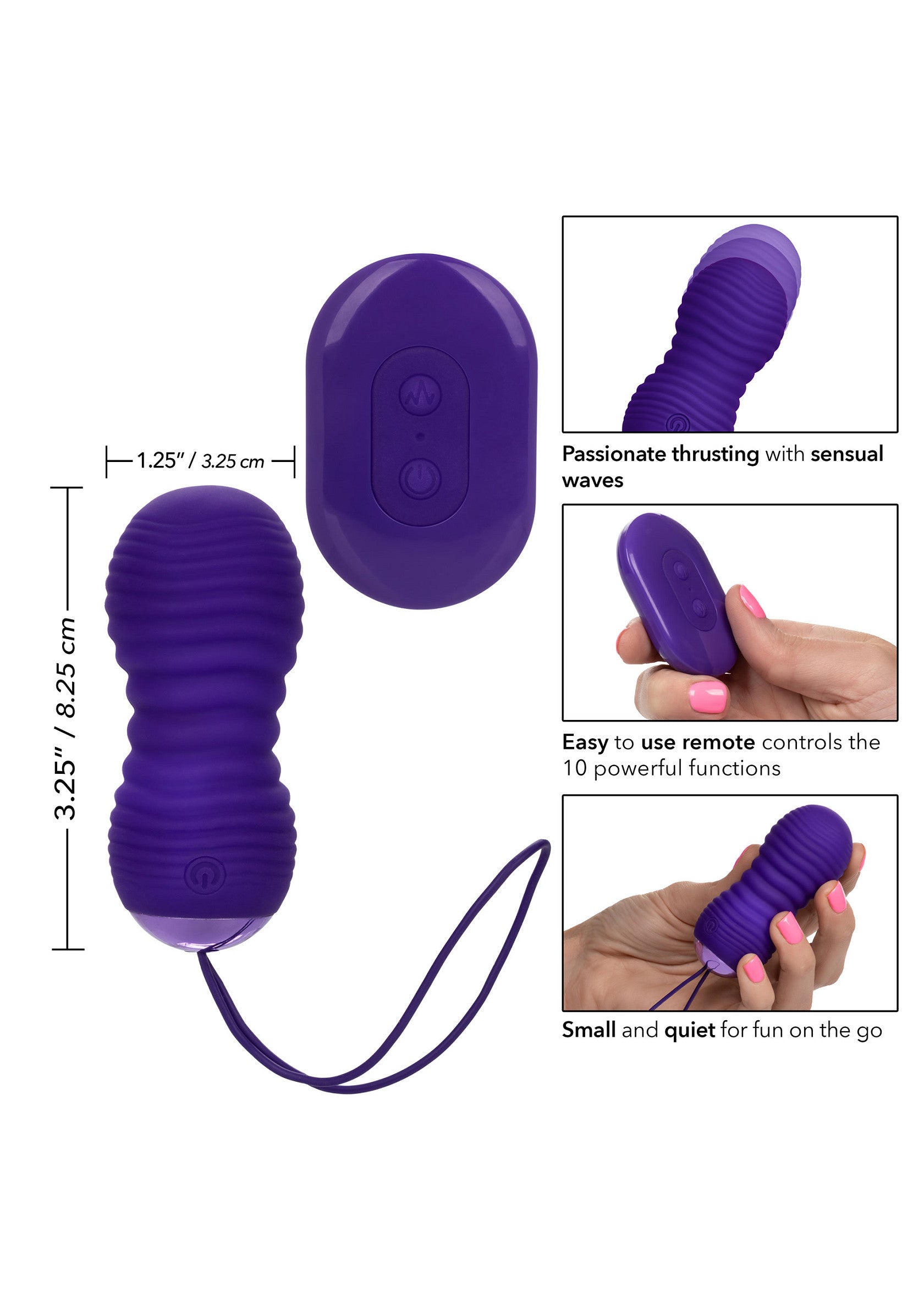 Masseur vibrant violet avec télécommande pour un plaisir intime. Compact et discret.; Paarse vibrator met afstandsbediening voor intiem plezier. Compact en discreet.; Purple vibrating massager with remote for intimate pleasure. Compact and discreet.