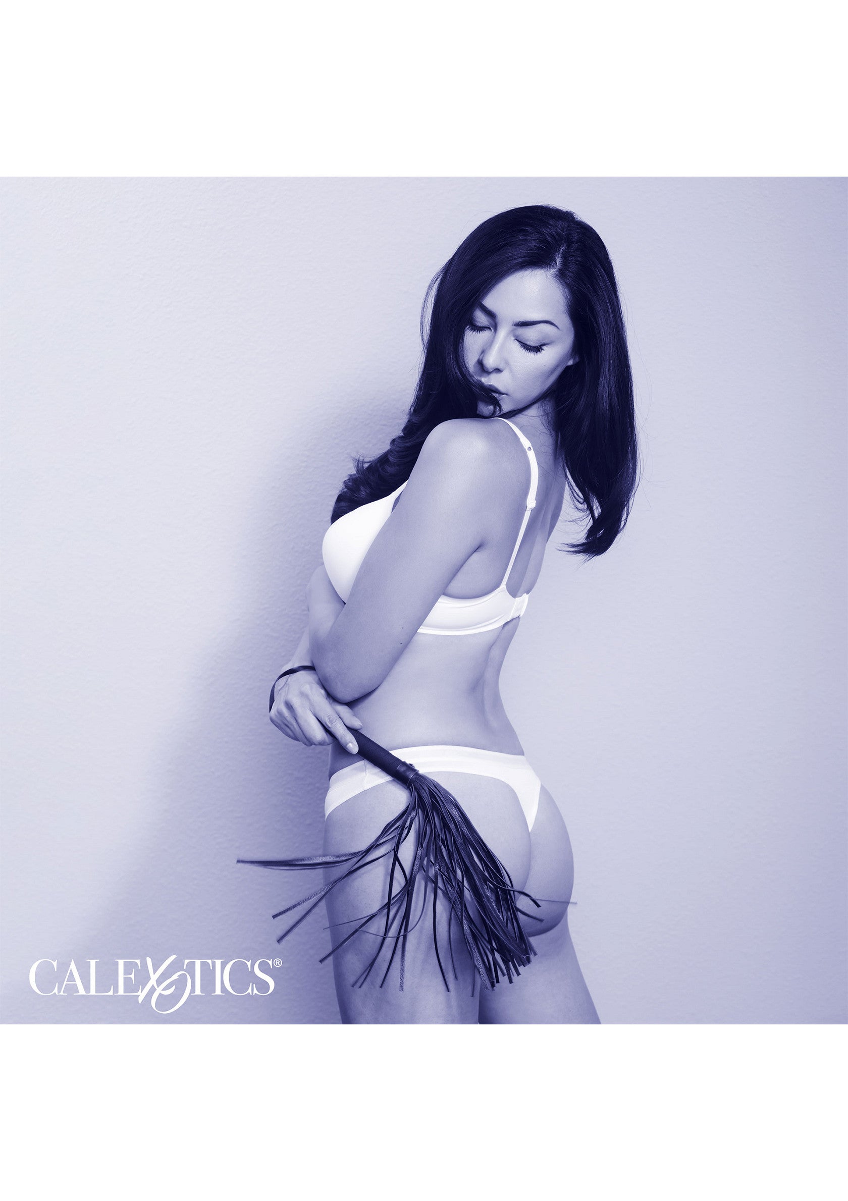Femme en lingerie blanche tenant une cravache, pour une ambiance coquine et sensuelle.; Vrouw in witte lingerie met zweep, voor een ondeugende en sensuele sfeer.; Woman in white lingerie holding a riding crop, for a naughty and sensual atmosphere.