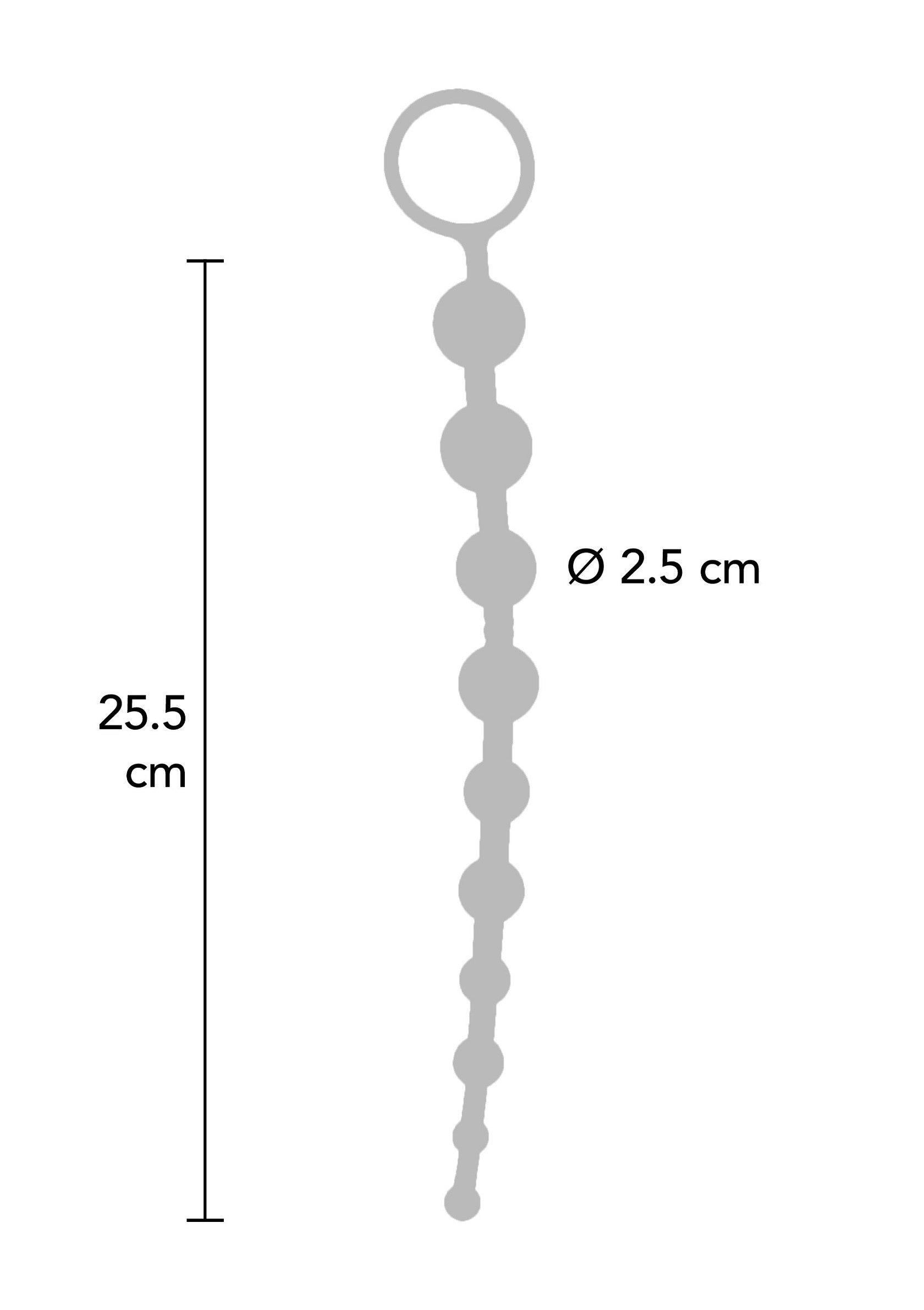 Image d'une chaîne de boules anales avec dimensions indiquées.; Afbeelding van anale kralen ketting met aangegeven afmetingen.; Image of anal bead chain with dimensions shown.