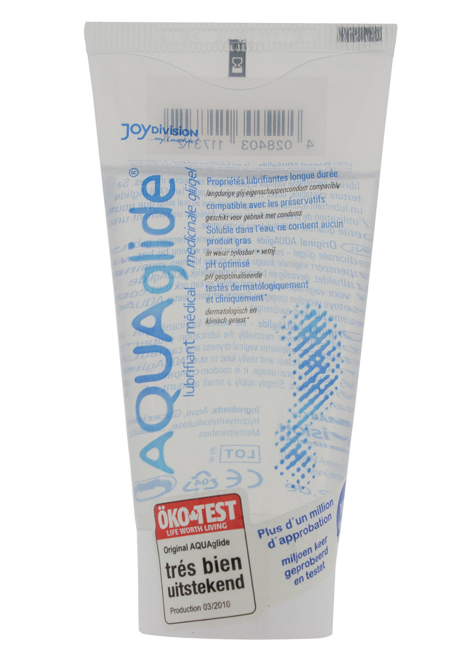 AQUAglide gel lubrifiant médical. Longue durée, soluble dans l'eau, testé dermatologiquement. Label Öko-Test.; AQUAglide medische glijmiddel. Langdurig, oplosbaar in water, dermatologisch getest. Met Öko-Test label.; AQUAglide medical lubricant gel. Long lasting, water-soluble, dermatologically tested. With Öko-Test label.