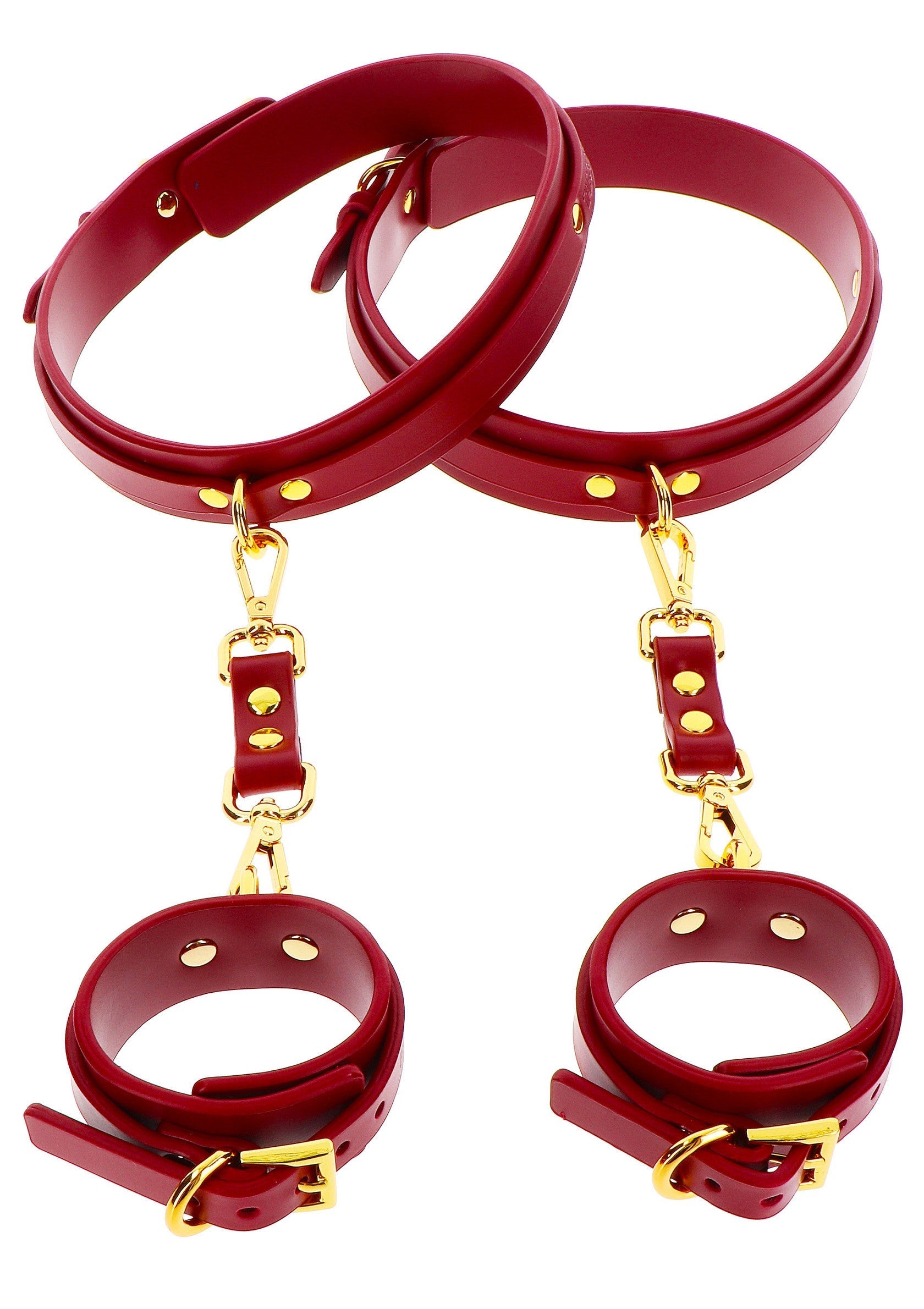 Menottes rouges réglables avec détails dorés pour jeux coquins.; Verstelbare rode handboeien met gouden details voor ondeugende spelletjes.; Adjustable red handcuffs with gold details for kinky games.