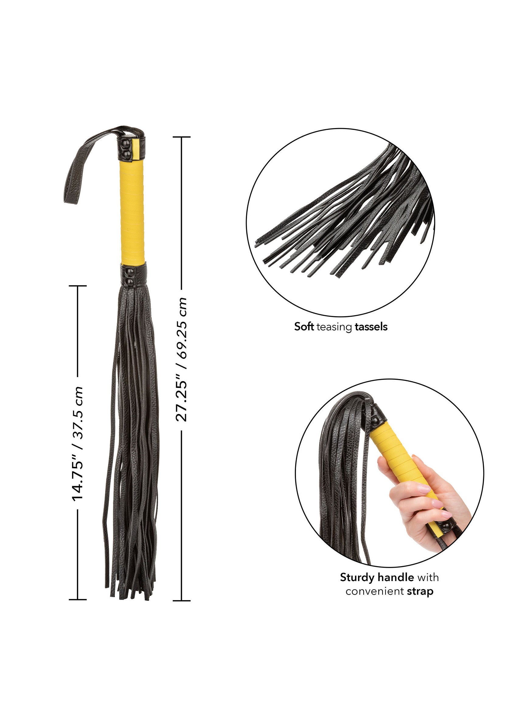 Cravache noire avec manche jaune et lanières souples pour le plaisir érotique.; Zwarte zweep met geel handvat en zachte franjes voor erotisch plezier.; Black flogger with yellow handle and soft tassels for erotic pleasure.
