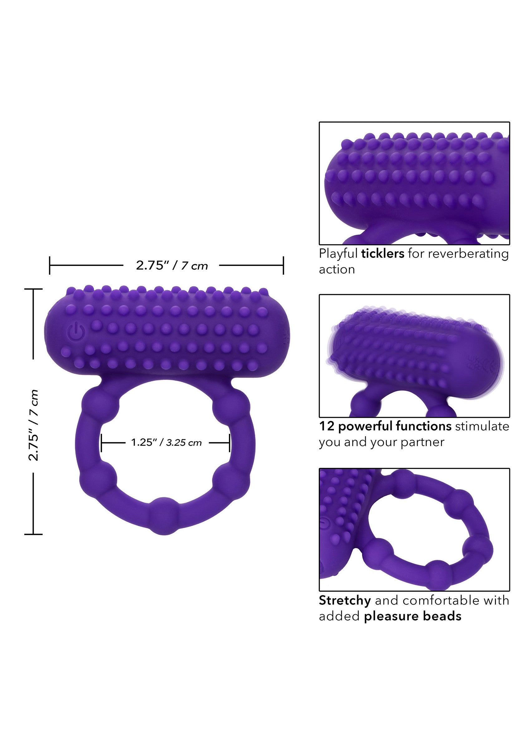 Anneau vibrant violet avec picots et billes pour une stimulation intense et partagée.; Paarse vibrerende ring met noppen en kralen voor intense en gedeelde stimulatie.; Purple vibrating cock ring with textured ticklers & pleasure beads for intense shared stimulation.
