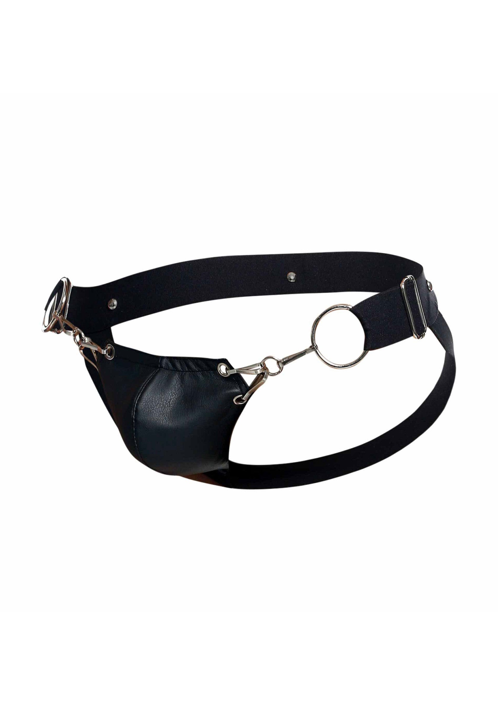 String en cuir noir avec anneaux en métal pour hommes. Sous-vêtement érotique audacieux et confortable.; Zwarte leren string met metalen ringen voor heren. Gedurfde en comfortabele erotische onderkleding.; Men's black leather jockstrap with metal rings. A bold and comfortable erotic underwear.