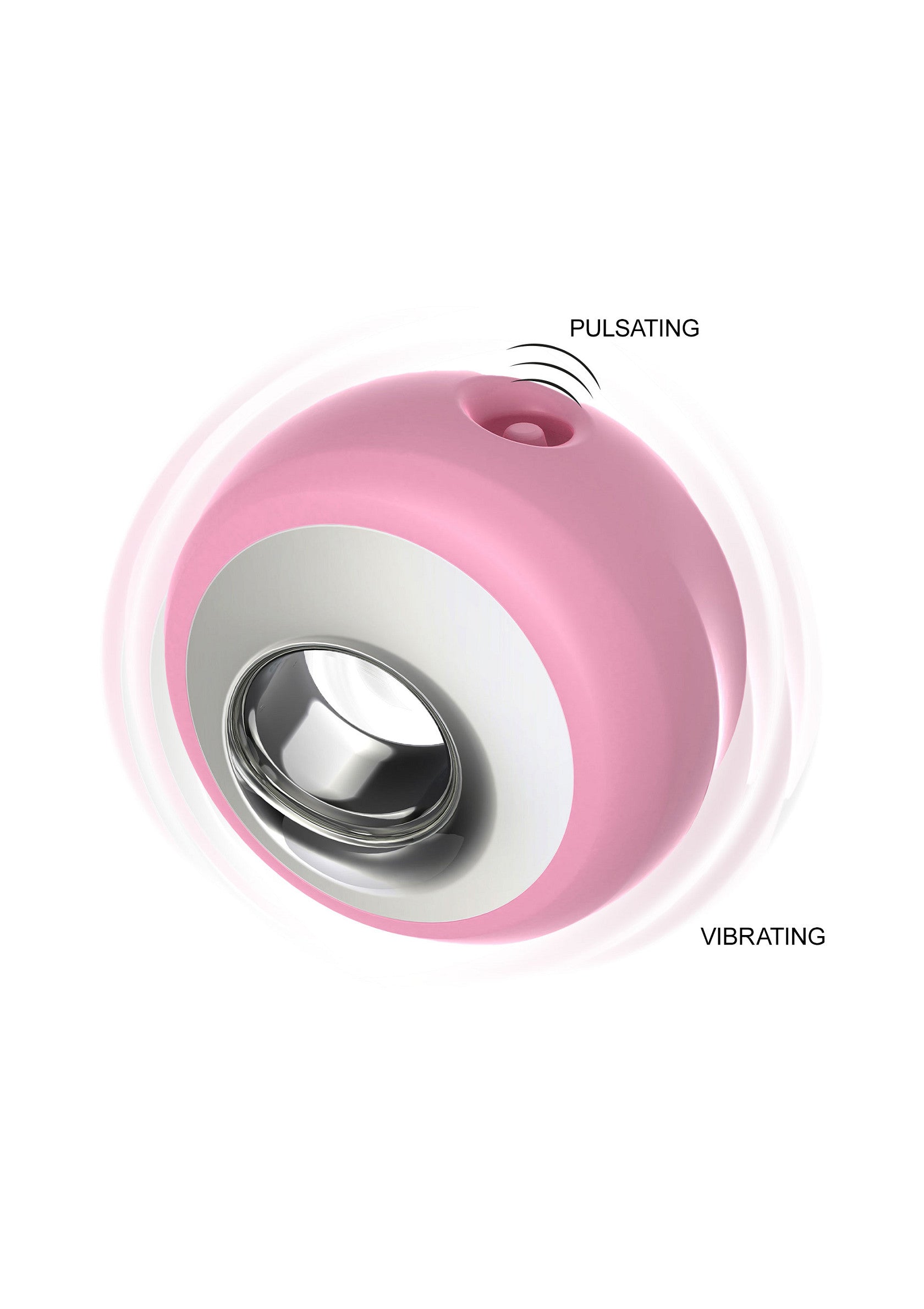 Masseur vibrant et pulsant rose et argenté pour le plaisir adulte.; Roze en zilveren vibrerende en pulserende stimulator voor volwassen plezier.; Pink and silver vibrating and pulsating stimulator for adult pleasure.