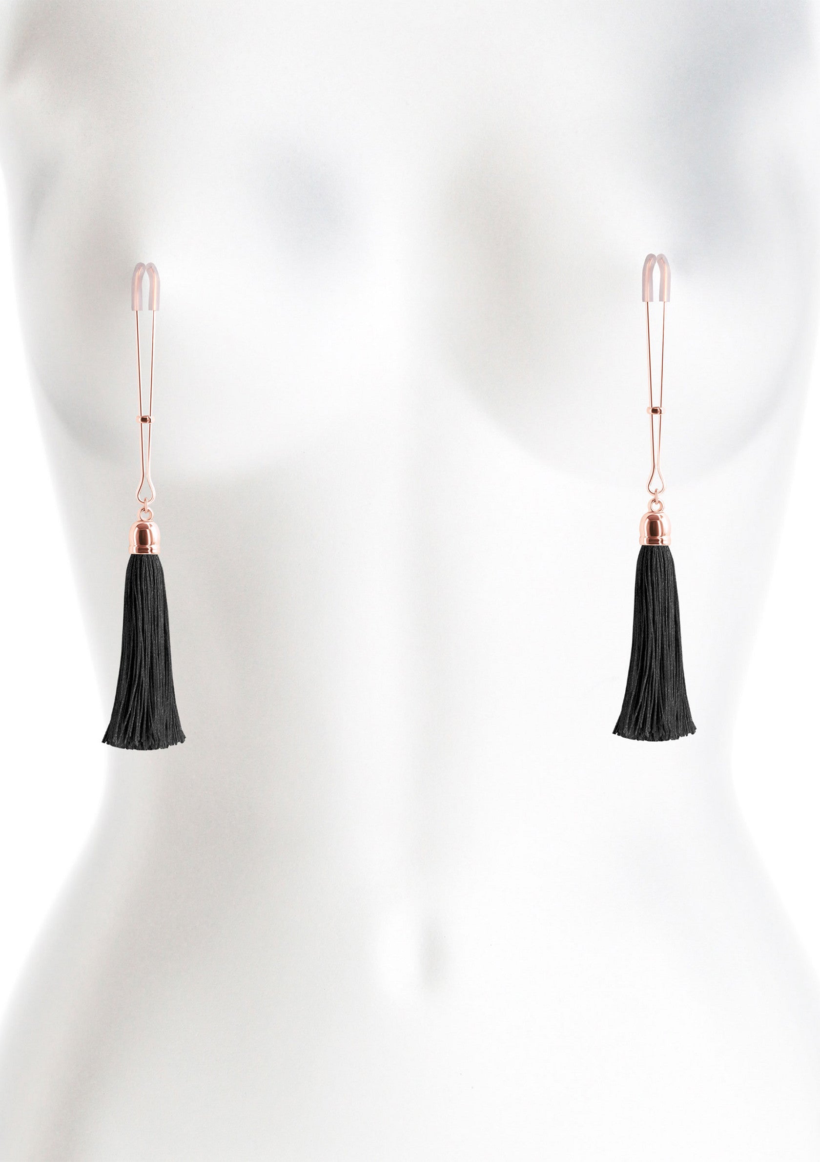 Pinces à tétons à pampilles noires, sexy et élégantes. Accessoires coquins pour pimenter votre vie amoureuse.; Zwarte tepelklemmen met kwastjes, sexy en elegant. Speelse accessoires om uw liefdesleven op te fleuren.; Black tassel nipple clamps, sexy and elegant. Playful accessories to spice up your love life.