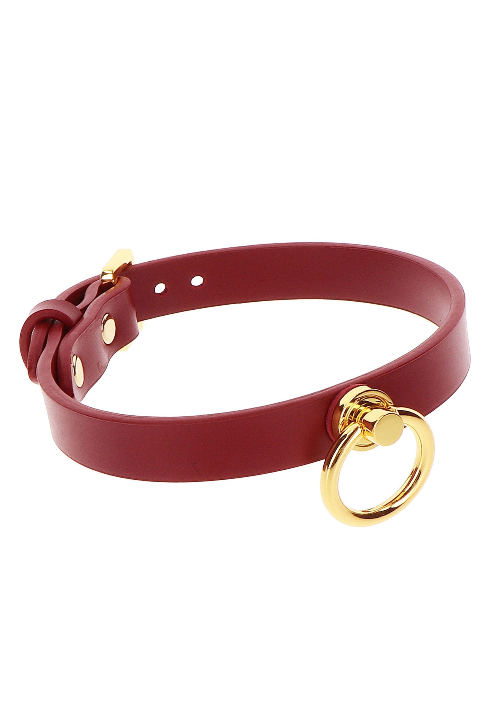 Collier rouge en cuir avec anneau doré pour un style audacieux.; Rode leren halsband met gouden ring voor een gedurfde stijl.; Red leather collar with gold ring for a daring style.