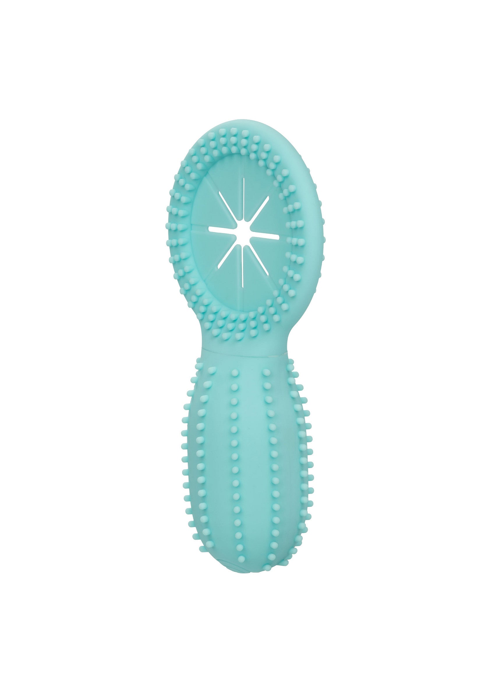 Jouet de dentition pour bébé en silicone texturé bleu turquoise. Apaise les gencives douloureuses pendant la poussée dentaire.; Turkoois blauw siliconen bijtspeeltje met textuur voor baby's. Verzacht pijnlijk tandvlees tijdens het doorkomen van tandjes.; Teal textured silicone teether toy for babies. Soothes sore gums during teething. 