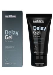 CoolMann Delay Gel pour hommes. Prolongez le plaisir avec ce gel retardateur. Tube et boîte de 40ml.; CoolMann Delay Gel voor mannen. Verleng het plezier met deze vertragende gel. Tube en doos van 40ml.; CoolMann Delay Gel for men. Prolong the pleasure with this delay gel. 40ml tube and box.