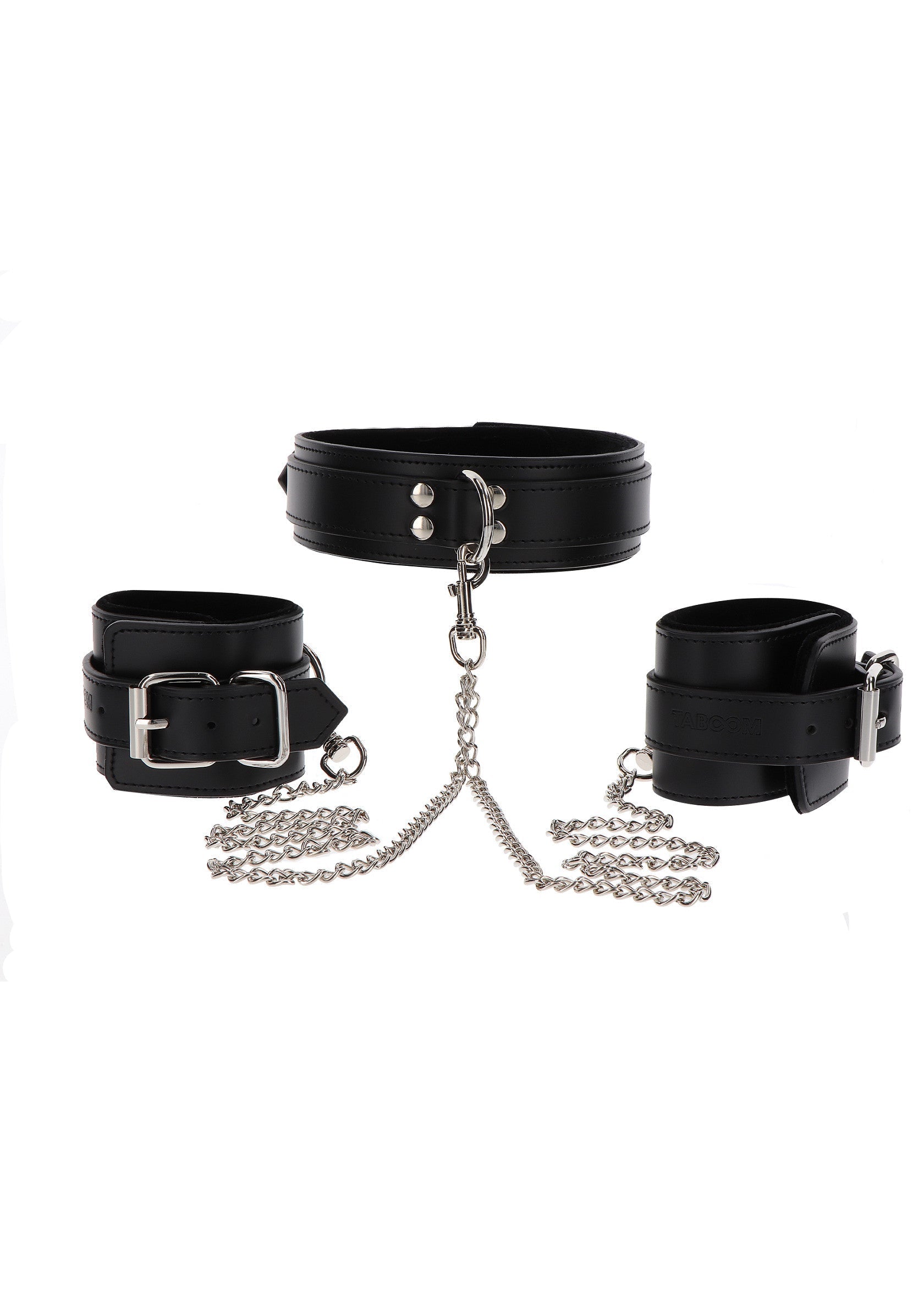 Ensemble de bondage en cuir noir avec collier et menottes reliés par une chaîne.; Zwarte lederen bondage set met halsband en handboeien verbonden door een ketting.; Black leather bondage set featuring a collar and handcuffs connected by a chain.