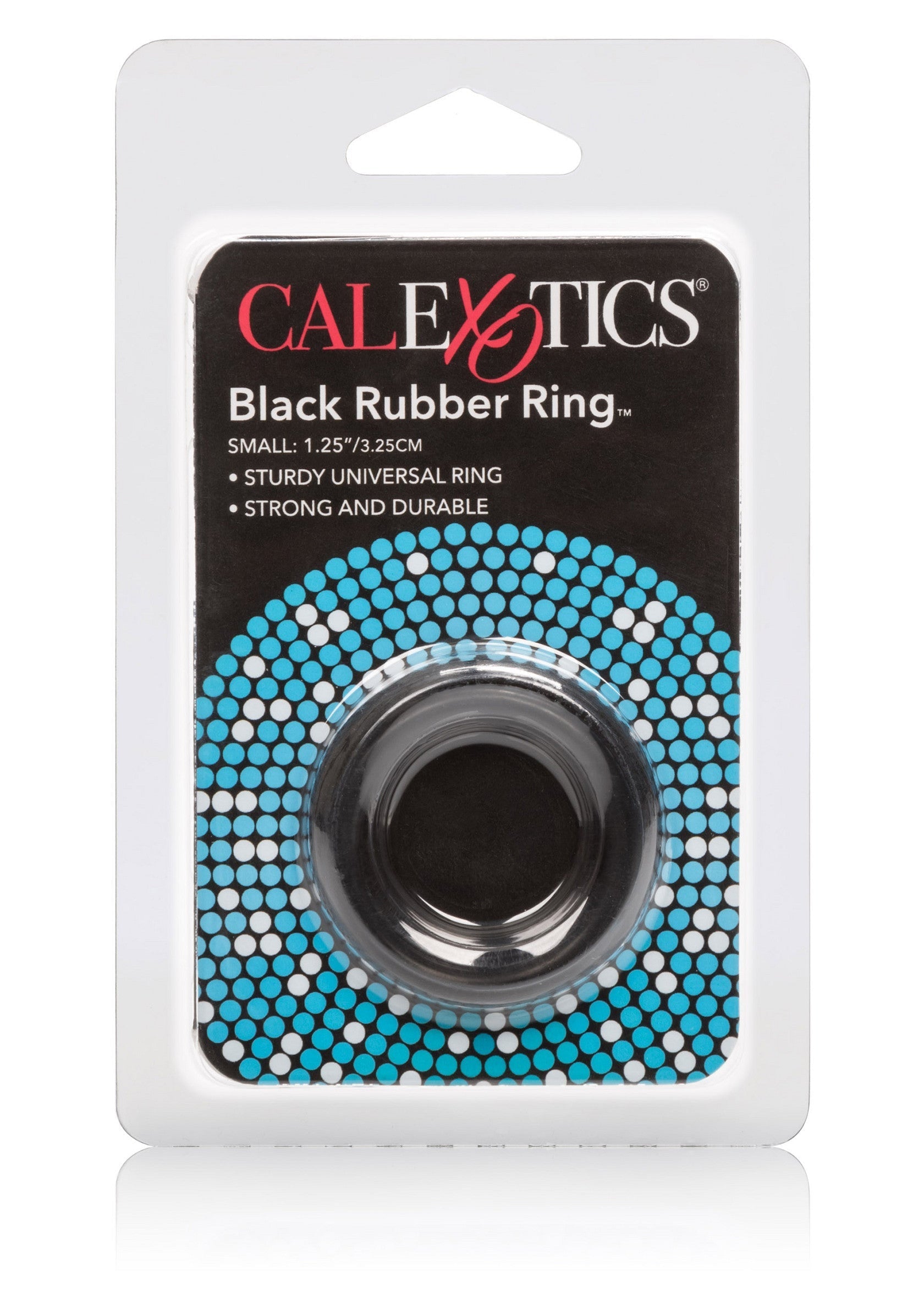 Anneau pénien en caoutchouc noir CalExotics, petit, 3,25 cm. Robuste et durable pour un plaisir intense et prolongé. ; CalExotics zwarte rubberen penisring, klein, 3,25 cm. Stevig en duurzaam voor intens en langdurig genot.; CalExotics Black Rubber Cock Ring, Small, 1.25". Sturdy and durable for intense and prolonged pleasure. Enhances erections.
