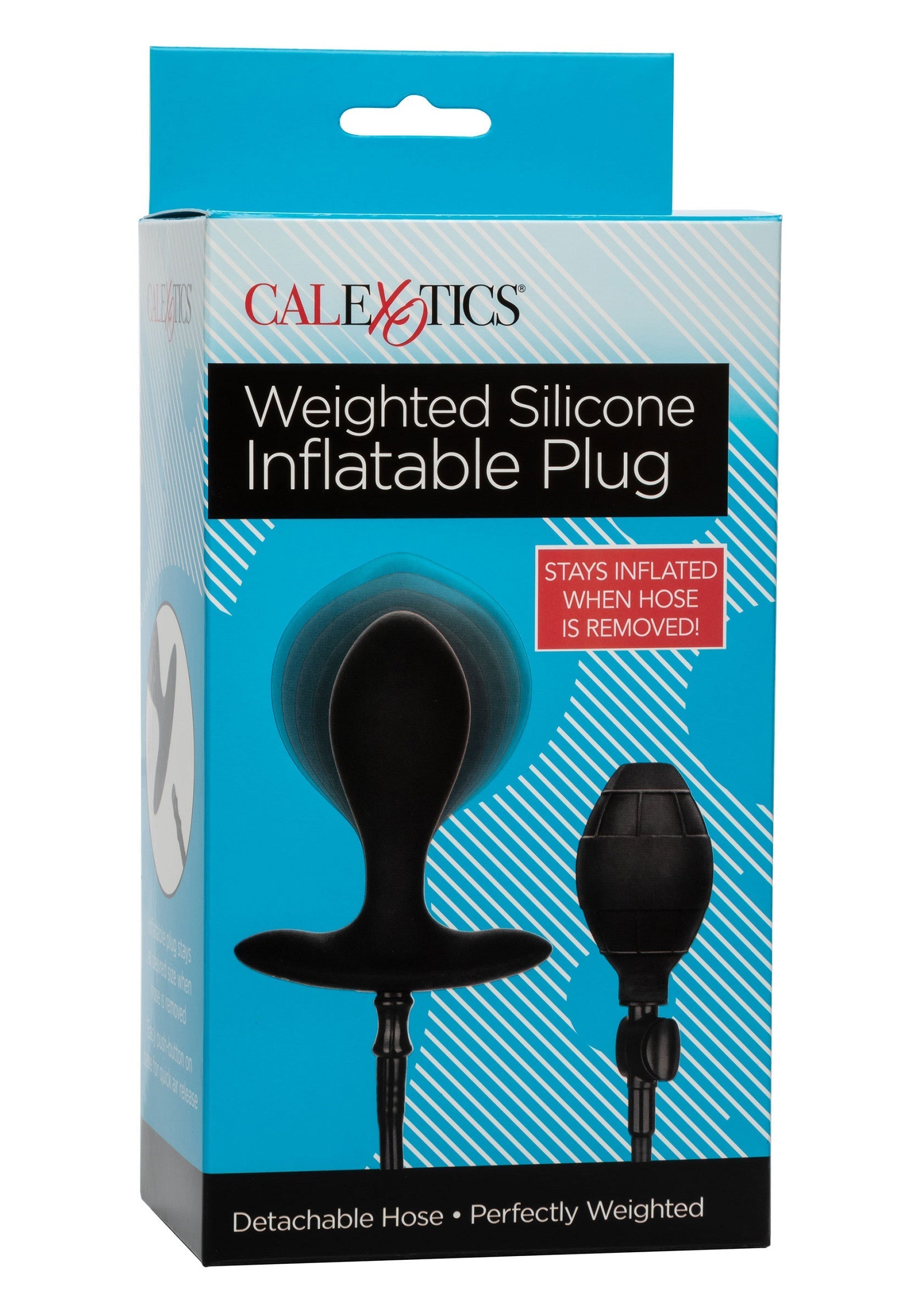 Plug gonflable en silicone lesté CalExotics pour le plaisir anal. Tuyau amovible, parfaitement lesté. Reste gonflé après le retrait du tuyau.; CalExotics gewogen siliconen opblaasbare plug voor anaal plezier. Afneembare slang, perfect gewogen. Blijft opgeblazen na verwijdering van de slang.; CalExotics weighted silicone inflatable plug for anal pleasure. Detachable hose, perfectly weighted. Stays inflated when hose is removed.
