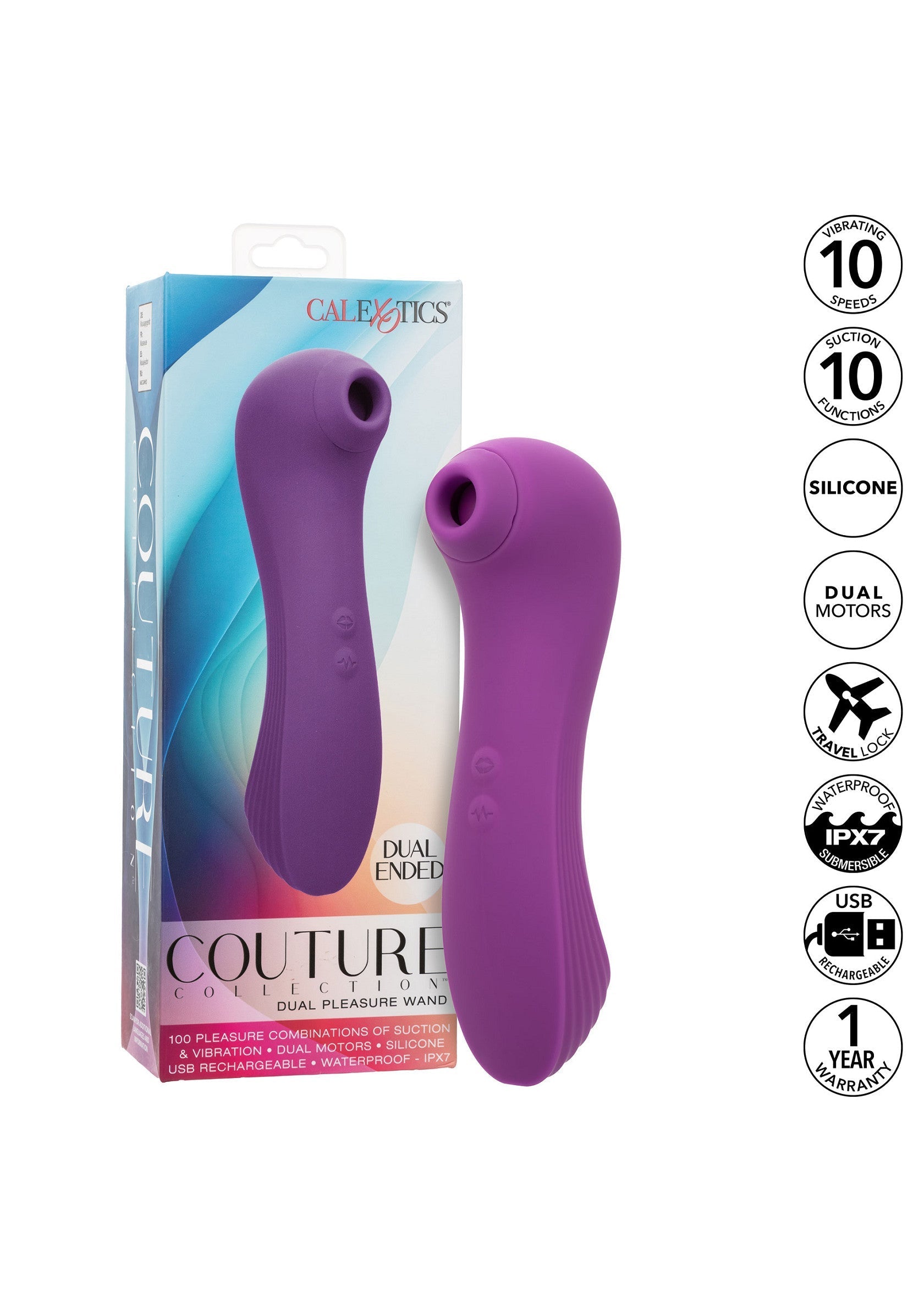 Vibromasseur à succion CalExotics Couture Dual Pleasure Wand violet, rechargeable USB, étanche. 10 vitesses et modes de succion.; CalExotics Couture Dual Pleasure Wand paarse vibrator met zuigfunctie, USB oplaadbaar, waterdicht. 10 snelheden en zuigstanden.; CalExotics Couture Dual Pleasure Wand purple suction vibrator, USB rechargeable, waterproof. 10 speeds and suction settings.