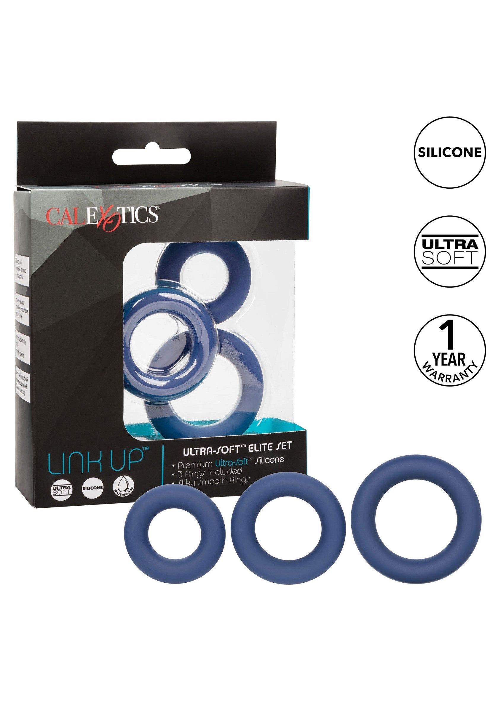 Anneaux péniens CalExotics Link Up Elite Jet en silicone ultra-doux, pour une expérience intense. Livré par 3 tailles différentes.; CalExotics Link Up Elite Jet penisringen, ultra-zacht siliconen, voor een intense ervaring. Set van 3 verschillende maten.; CalExotics Link Up Elite Jet cock rings, ultra-soft silicone, for an intense experience. Set of 3 different sizes.