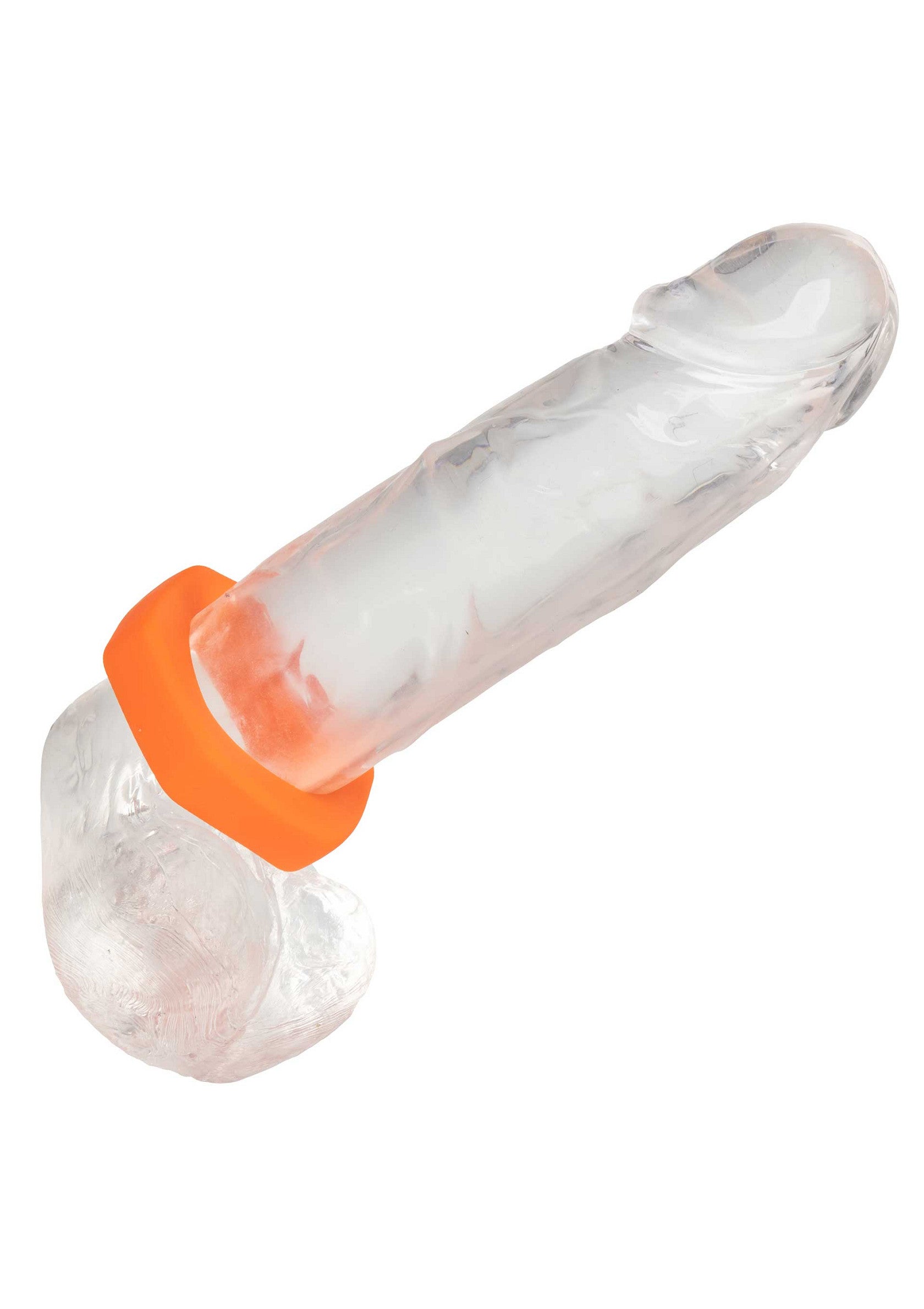 Améliorez votre plaisir avec ce gode en gel transparent avec anneau vibrant orange pour une stimulation accrue.; Verbeter uw plezier met deze heldere gel dildo met oranje vibrerende ring voor extra stimulatie.; Enhance your pleasure with this clear gel dildo featuring an orange vibrating ring for extra stimulation.
