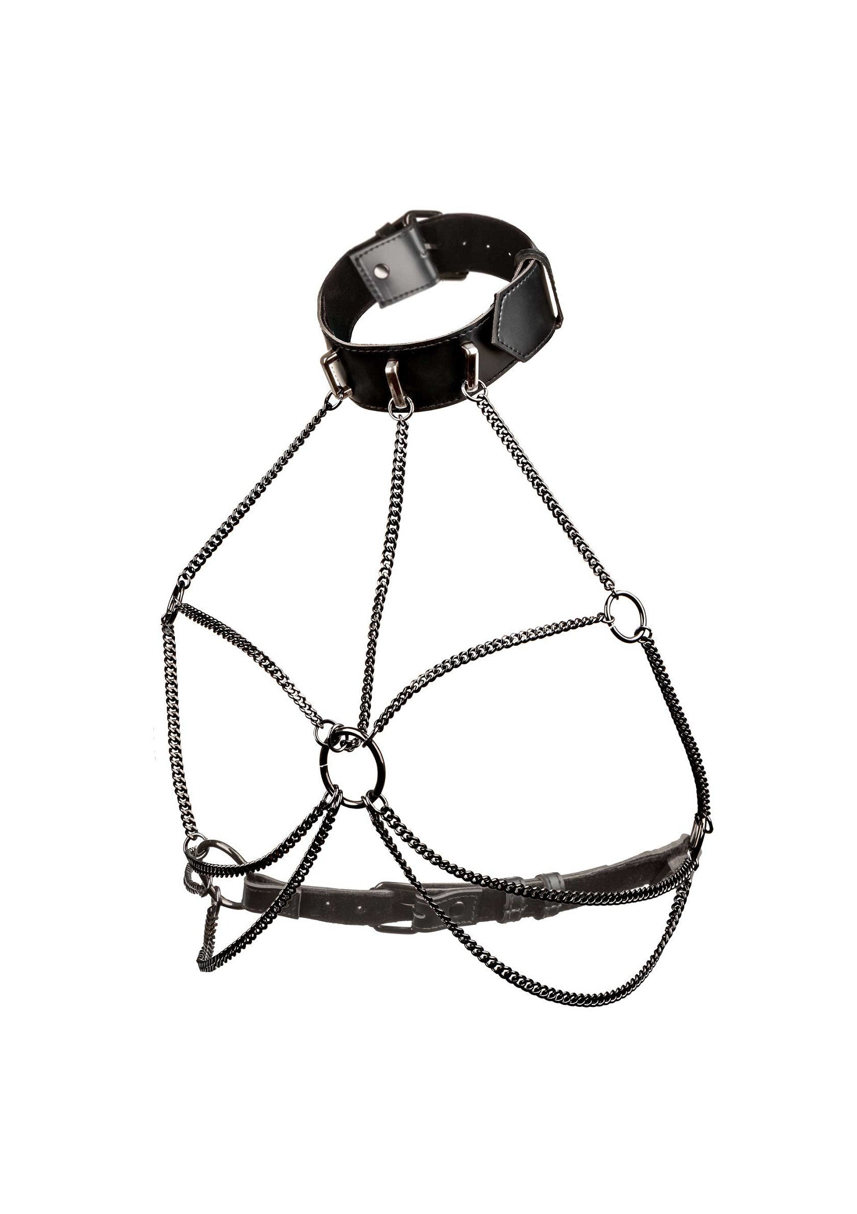 Harnais de corps noir avec chaîne, ajustable et audacieux. Accessoire de mode unique pour un style affirmé.; Zwart lichaamsharnas met ketting, verstelbaar en gedurfd. Uniek modeaccessoire voor een uitgesproken stijl.; Black chain body harness, adjustable and edgy. A unique fashion accessory for a bold style.