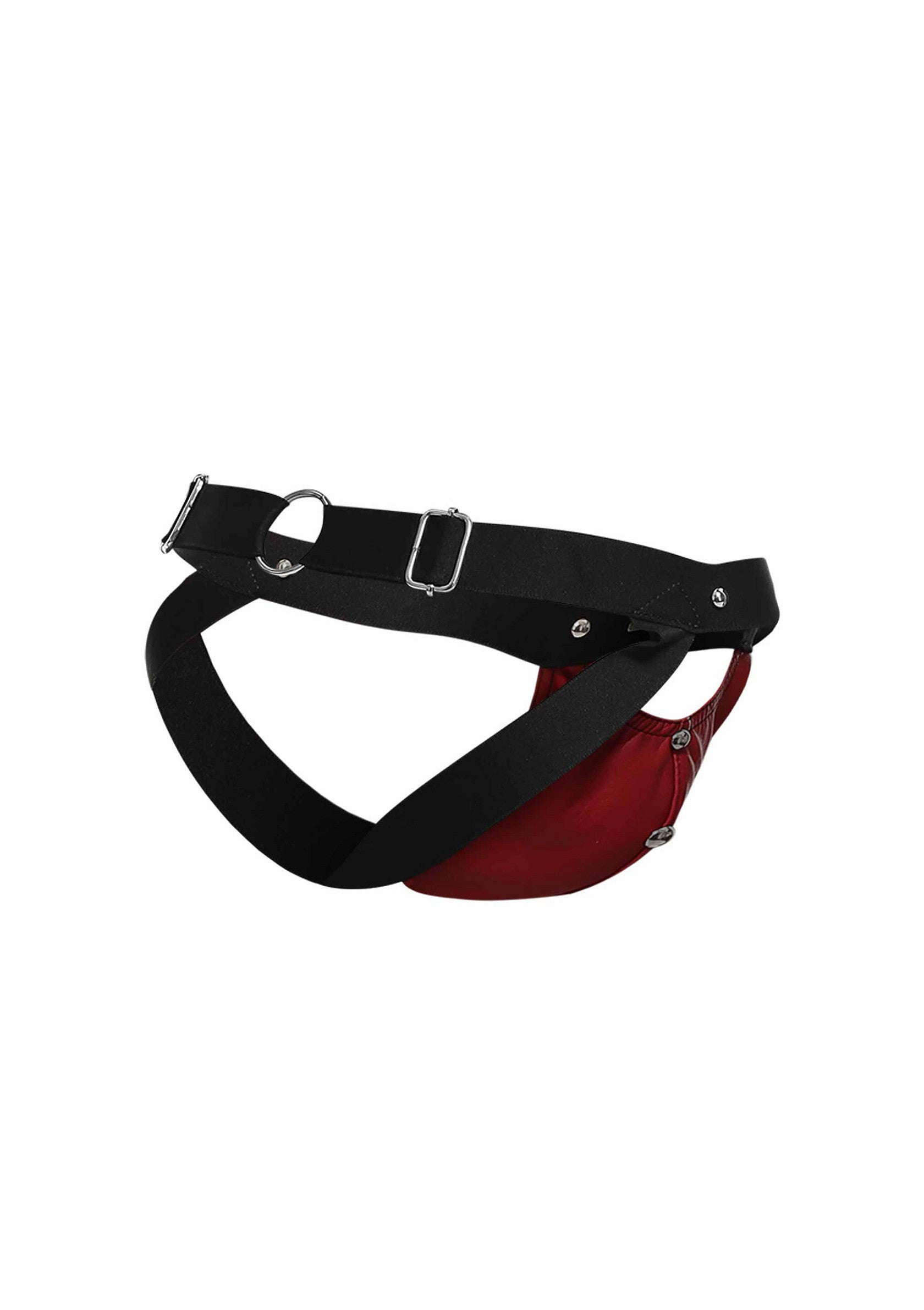 Jockstrap noir et bordeaux pour homme avec bretelles réglables.; Zwarte en bordeauxrode jockstrap voor heren met verstelbare banden.; Men's black and burgundy jockstrap with adjustable straps.