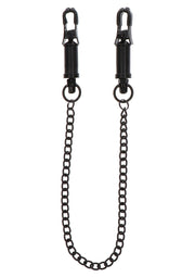 Pinces à tétons noires avec chaîne. Accessoire coquin pour pimenter votre vie amoureuse.; Zwarte tepelklemmen met ketting. Speels accessoire om je liefdesleven mee op te fleuren.; Black nipple clamps with chain. A playful accessory to spice up your love life.