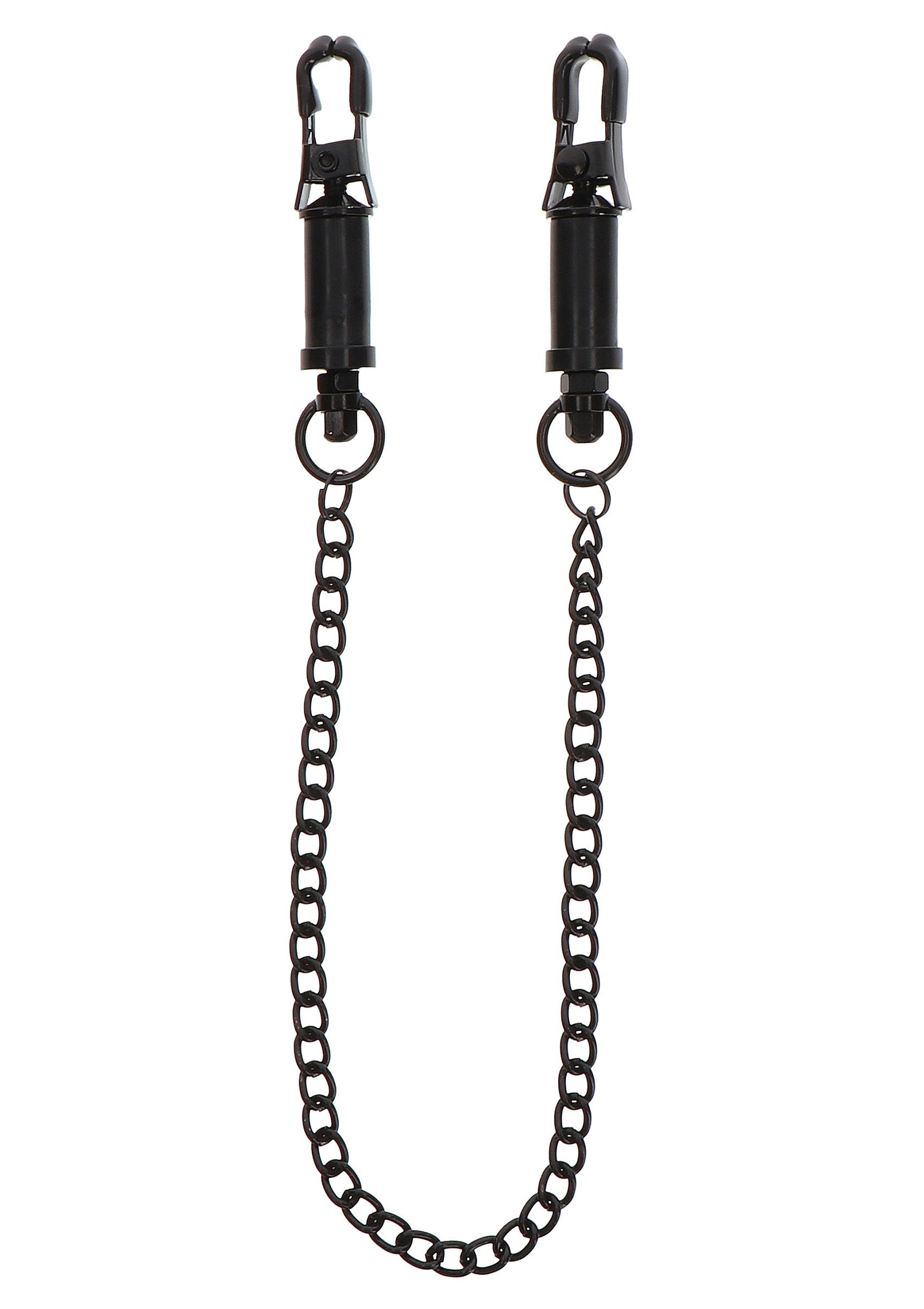 Pinces à tétons noires avec chaîne. Accessoire coquin pour pimenter votre vie amoureuse.; Zwarte tepelklemmen met ketting. Speels accessoire om je liefdesleven mee op te fleuren.; Black nipple clamps with chain. A playful accessory to spice up your love life.