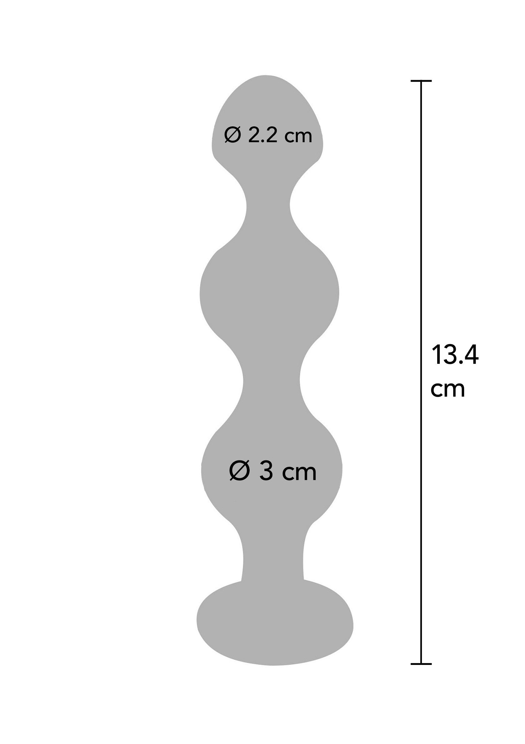 Plug anal à trois billes, schéma avec dimensions (13.4 cm, 2.2/3cm de diamètre); Anal plug met drie balletjes, schema met afmetingen (13.4 cm, 2.2/3cm diameter); Butt plug with three beads, schema with dimensions (13.4 cm, 2.2/3cm diameter)