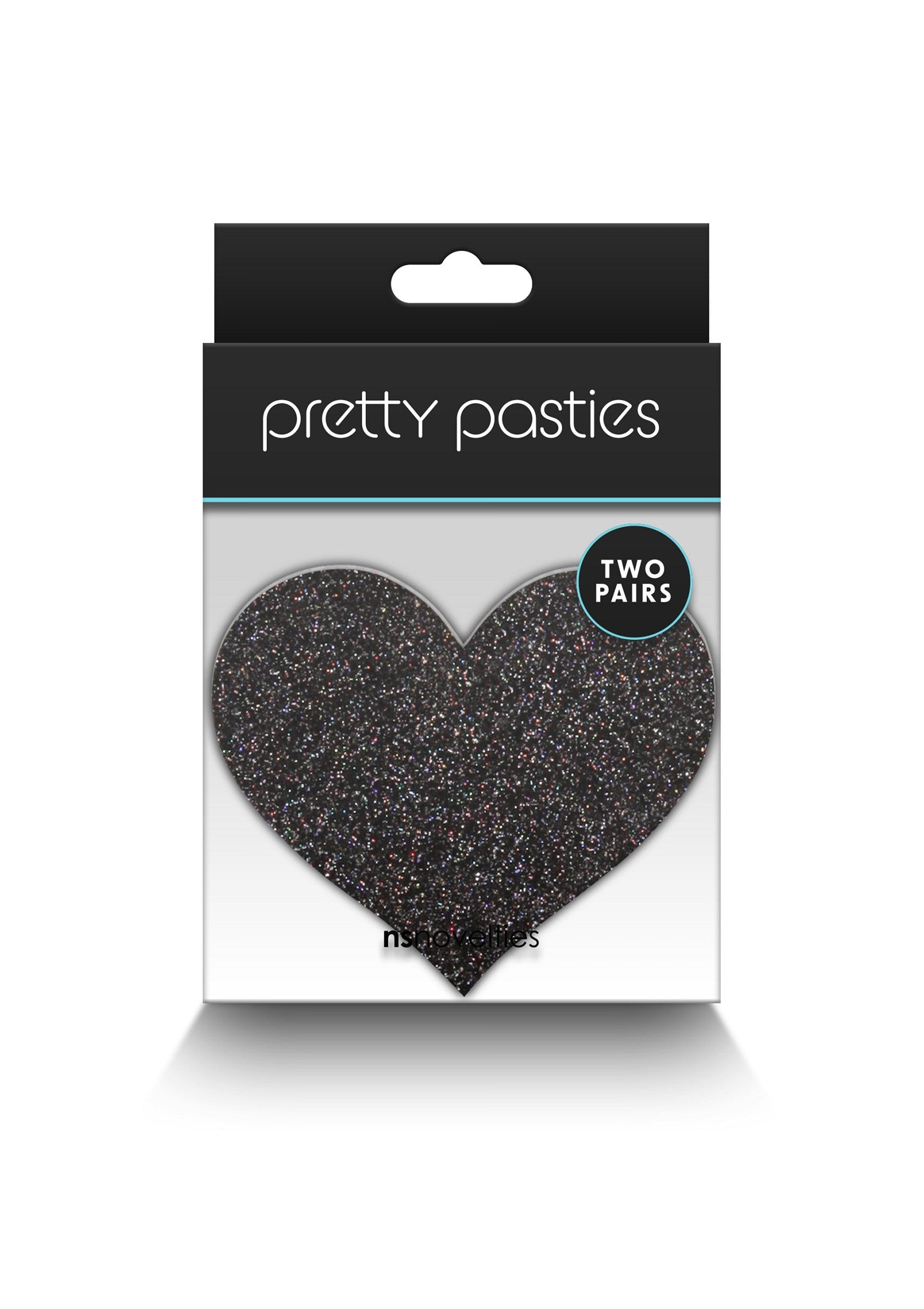 Cache-tétons Pretty Pasties en forme de cœur noir pailleté. Deux paires par paquet. ; Pretty Pasties tepelbedekkers in hartvorm met zwarte glitter. Twee paar per verpakking.; Pretty Pasties nipple covers in black glitter heart shape. Two pairs per pack.