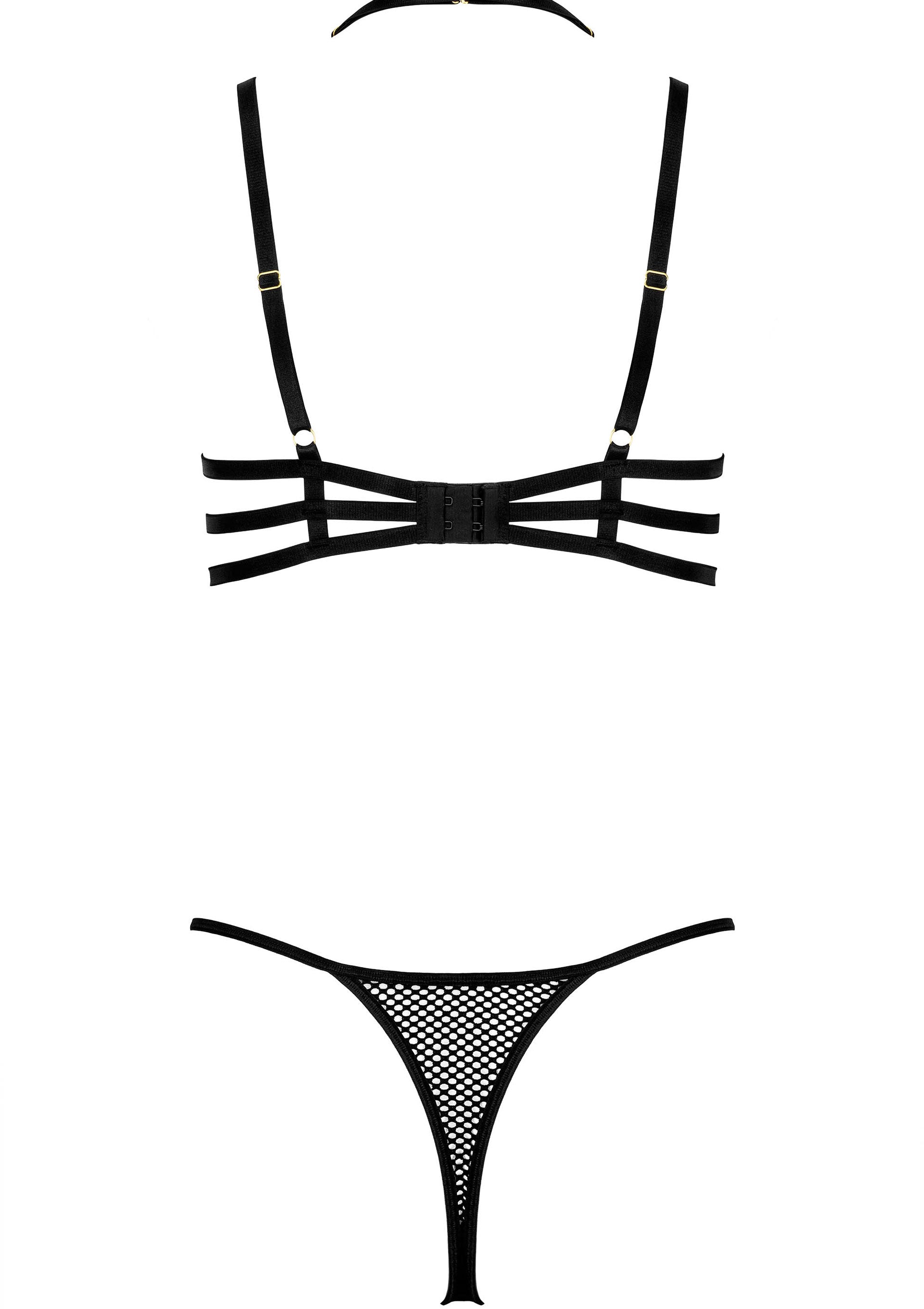 Ensemble de lingerie noir avec un soutien-gorge à bretelles et un string en résille.; Zwarte lingerie set met strappy beha en visnet string.; Black lingerie set featuring a strappy bra and a fishnet thong.