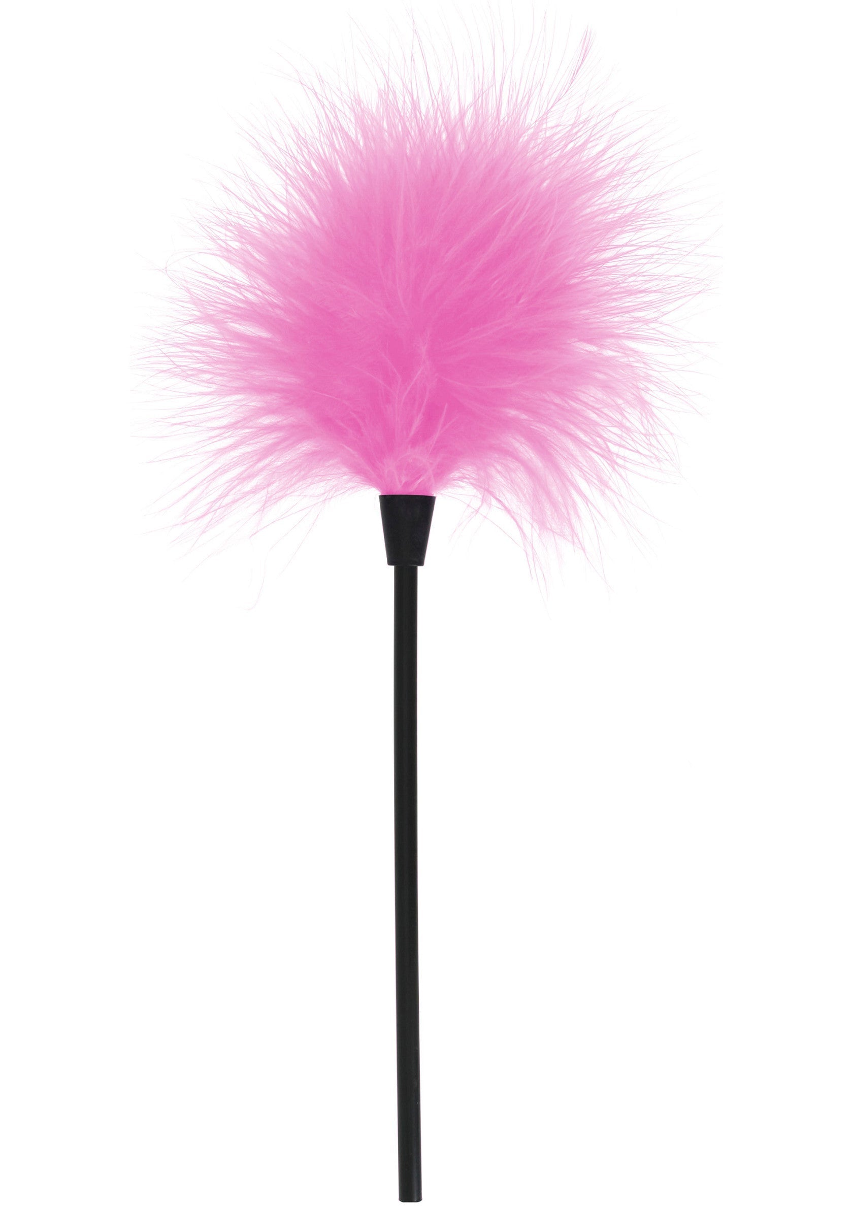 Plumeau rose avec manche noir pour chatouiller ou décorer.; Roze veren plumeau met zwart handvat voor kietelen of decoratie.; Pink feather teaser with black handle for tickling or decoration.