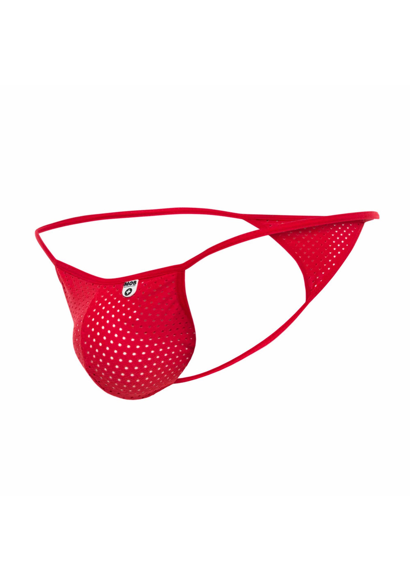 String pour homme rouge ajouré. Lingerie masculine sexy et confortable. Idéal pour un look audacieux et léger.; Rode string voor heren met open structuur. Sexy en comfortabel herenondergoed. Perfect voor een gedurfde en luchtige look.; Red mesh men's thong. Sexy and comfortable men's underwear. Ideal for a bold and airy look.