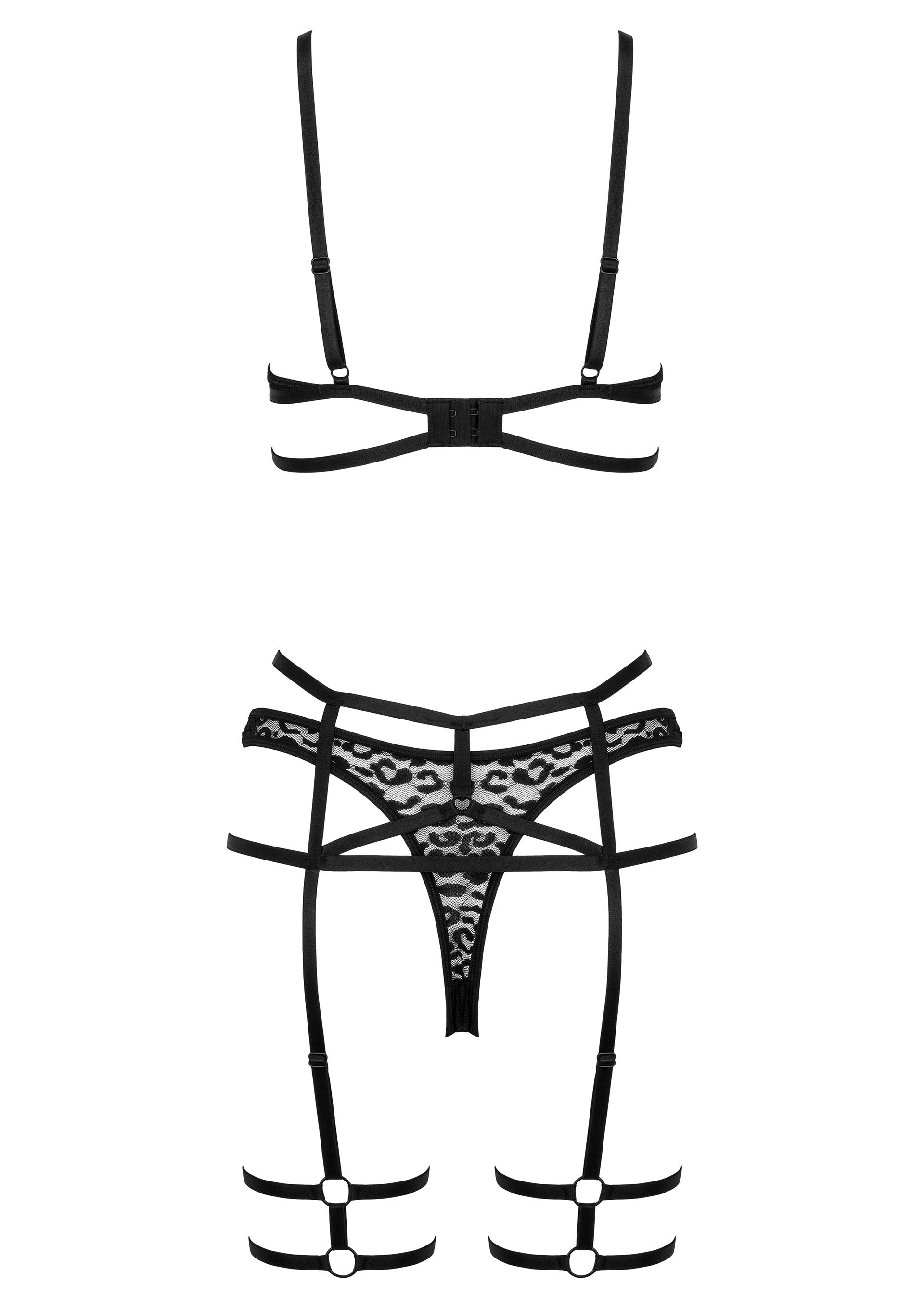 Ensemble de lingerie noire sexy avec jarretière et dentelle léopard.; Sexy zwarte lingerie set met jarretel en luipaardprint kant.; Sexy black lingerie set featuring a garter belt and leopard lace.