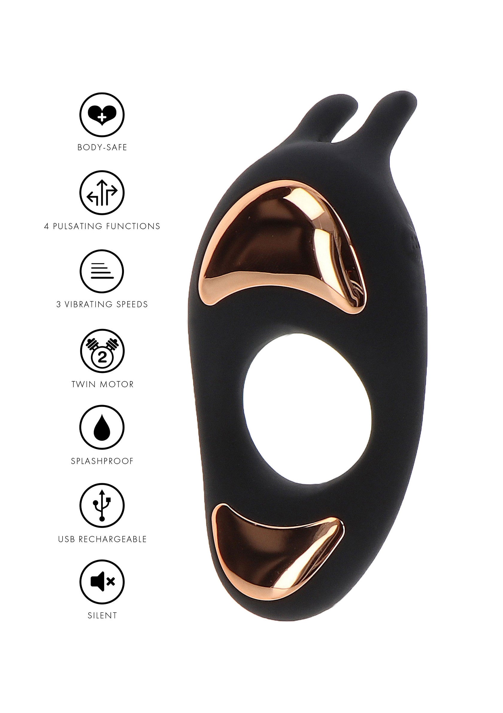 Vibromasseur de couple noir avec accents dorés, rechargeable USB, silencieux et sûr pour le corps.; Zwarte koppel vibrator met gouden accenten, USB oplaadbaar, stil en lichaamsveilig.; Black couple vibrator with gold accents, USB rechargeable, silent, and body-safe.