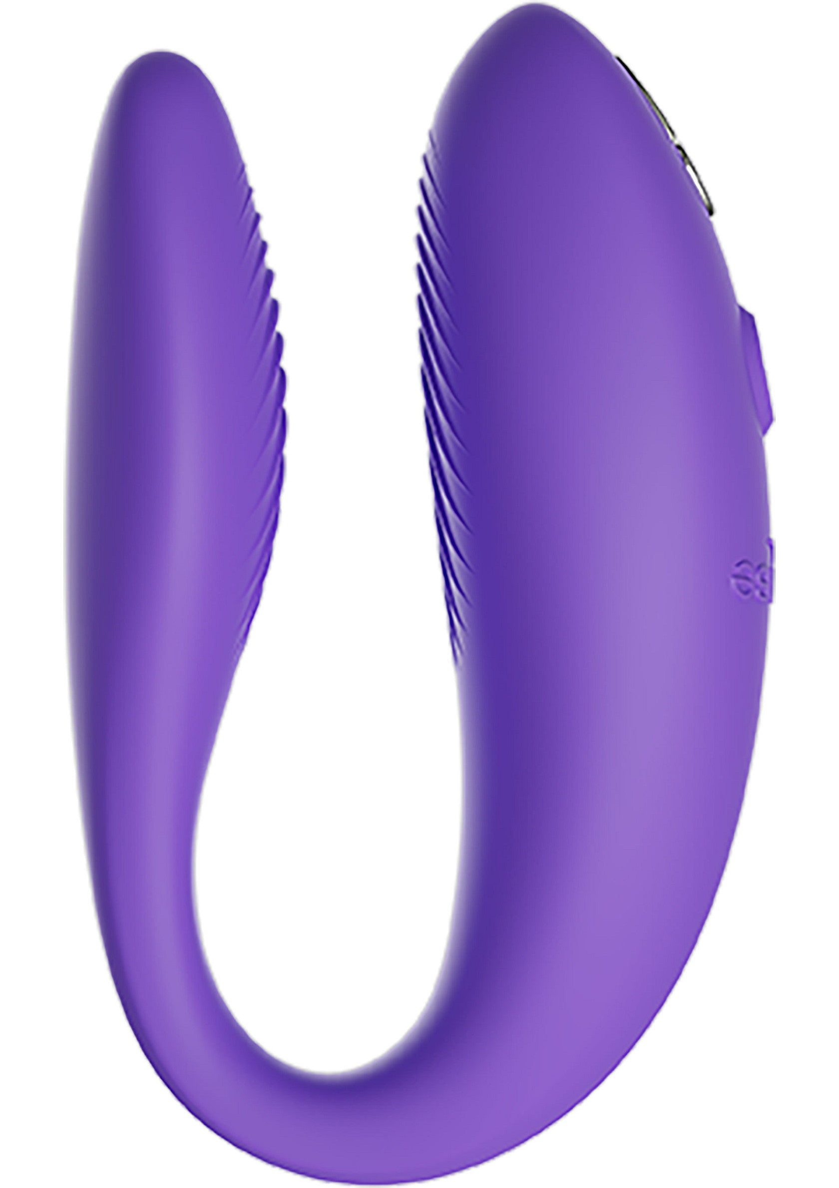 Photo d'un sextoy vibrant violet en forme de U.; Foto van een paars vibrerend speeltje in de vorm van een U.; Photo of a purple vibrating sex toy in a U shape.